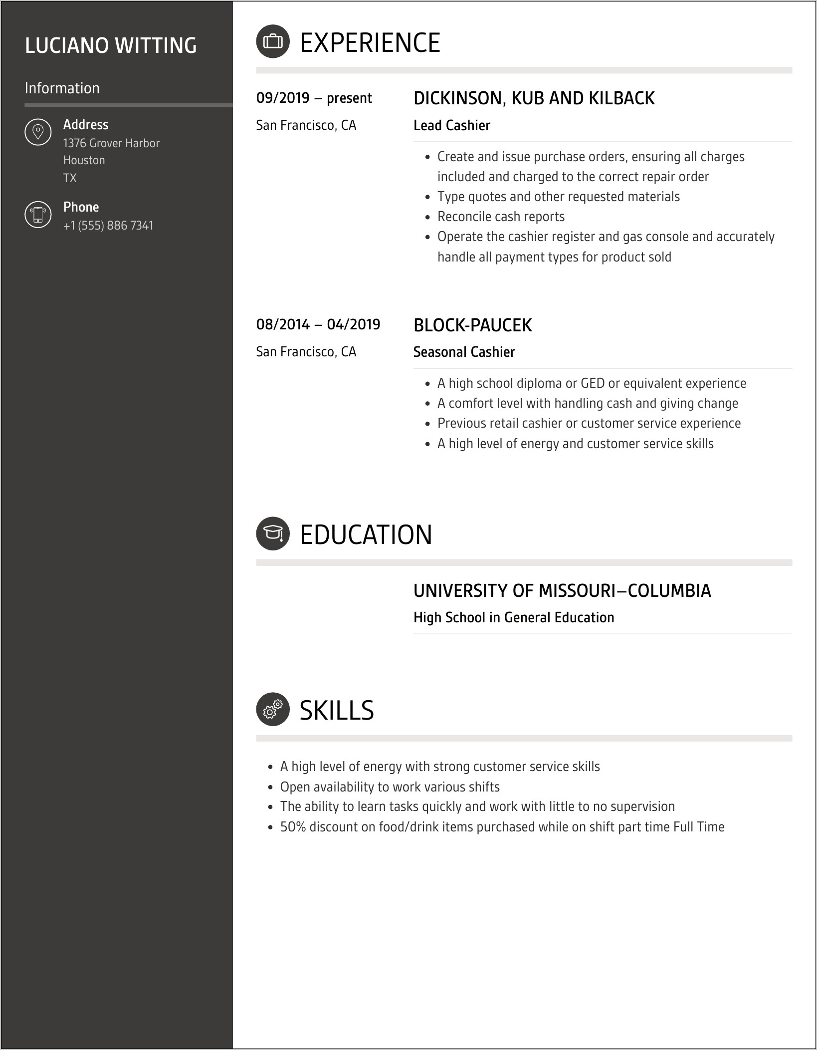 Moneygram Type Cashier Resume Sample