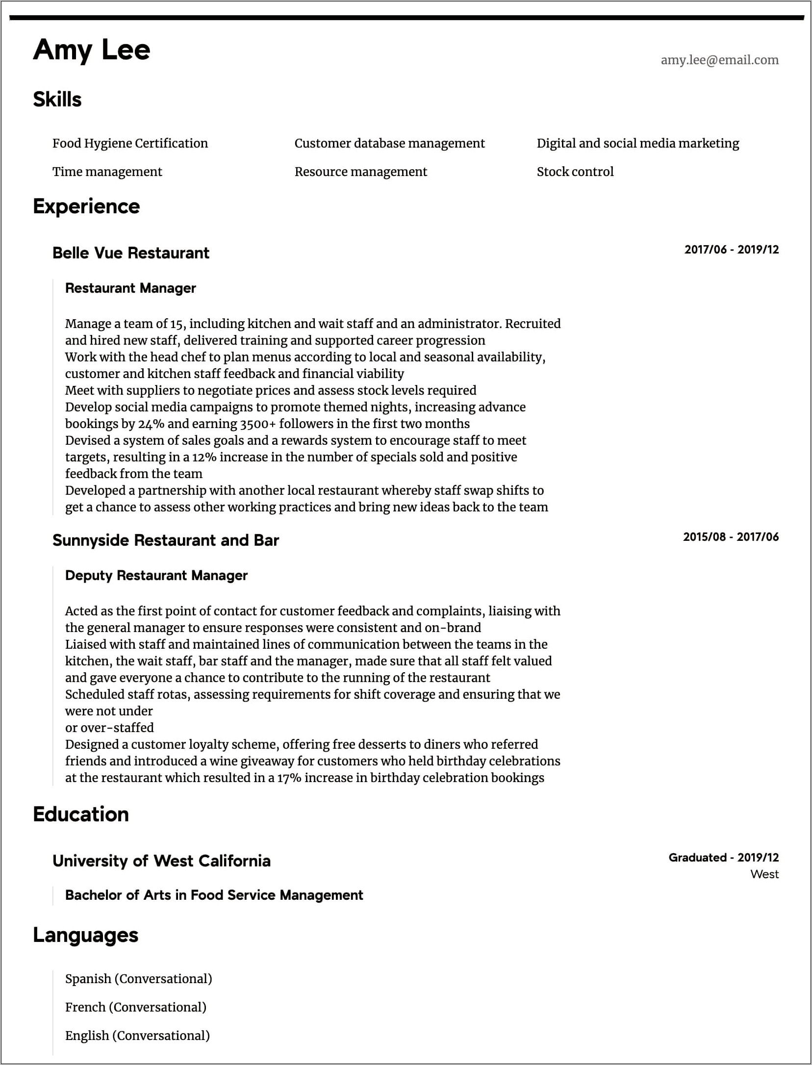 No Experience Restaurant Manager Resume