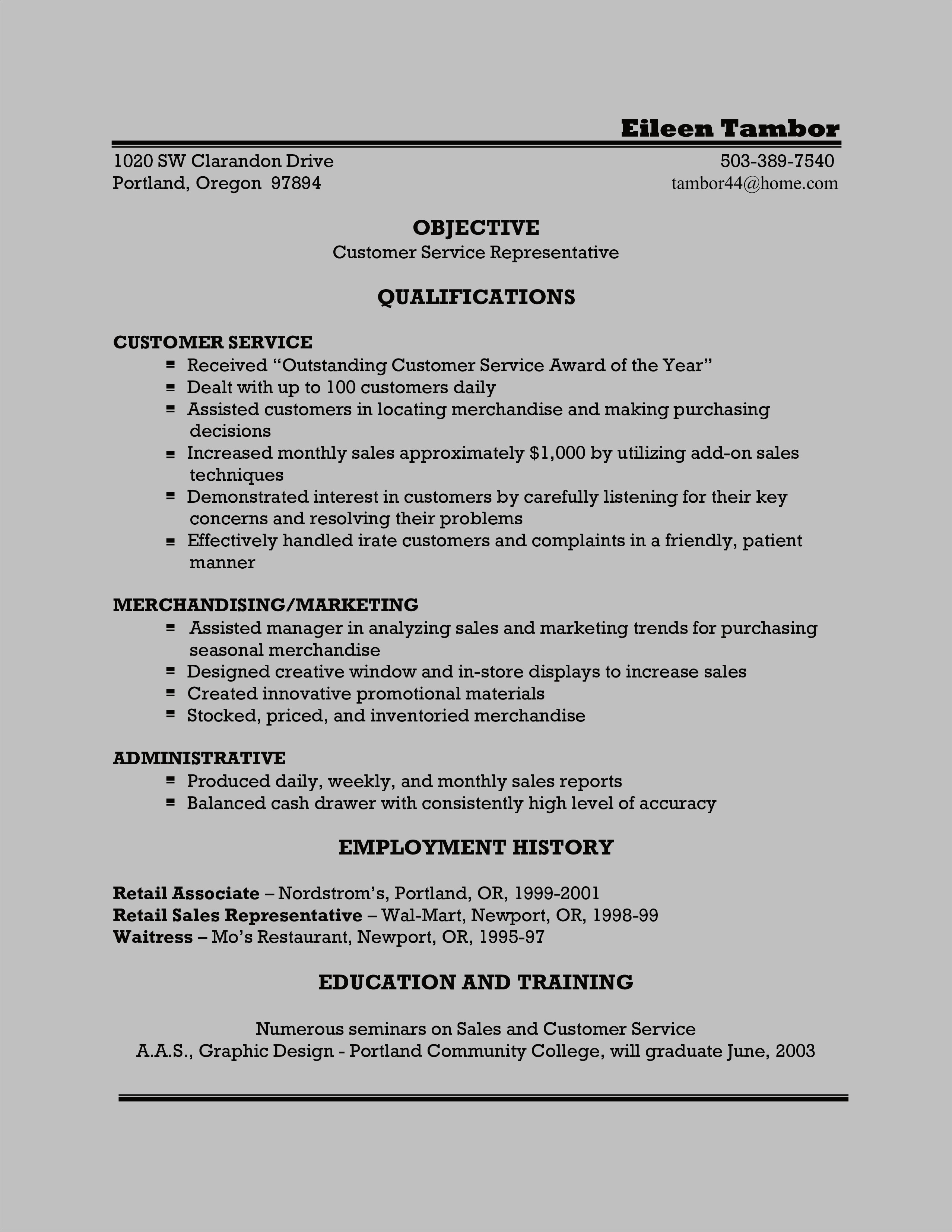 Objective Customer Service Representative Resume