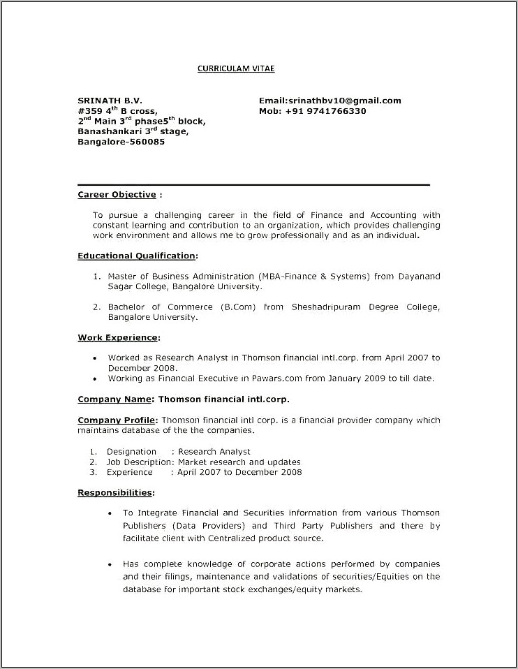 Objective Examples For Finance Resume