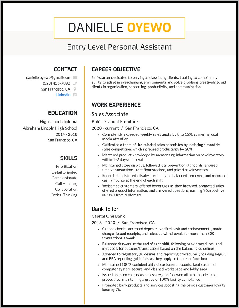 Personal Assistant House Manager Resume