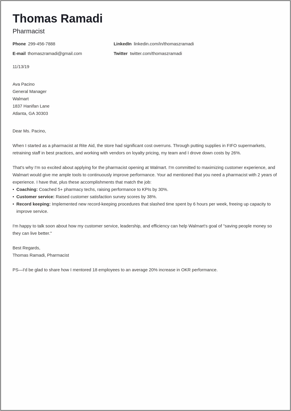 Pharmacist Resume Cover Letter Example
