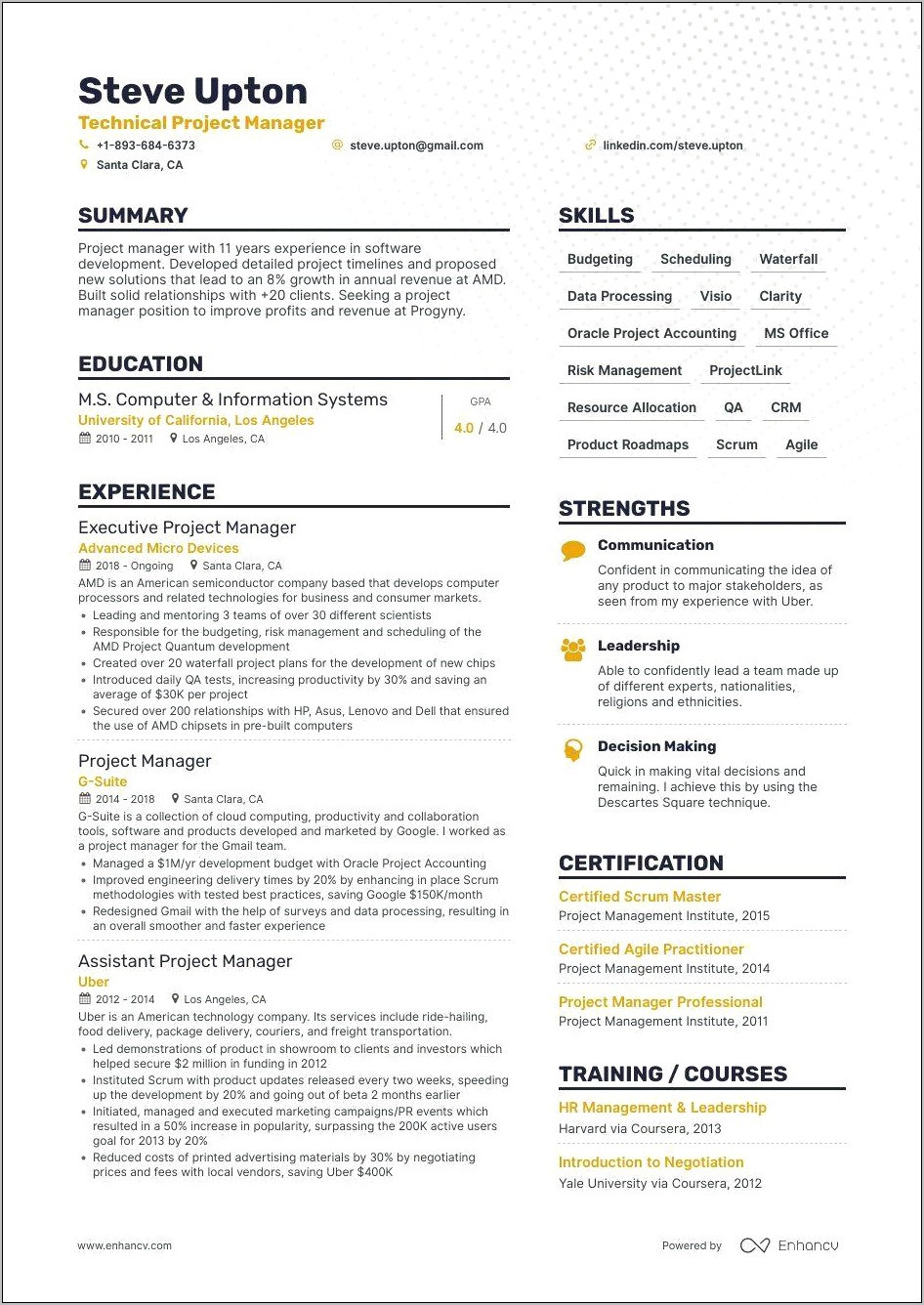 Project Manager Job Resume Sample