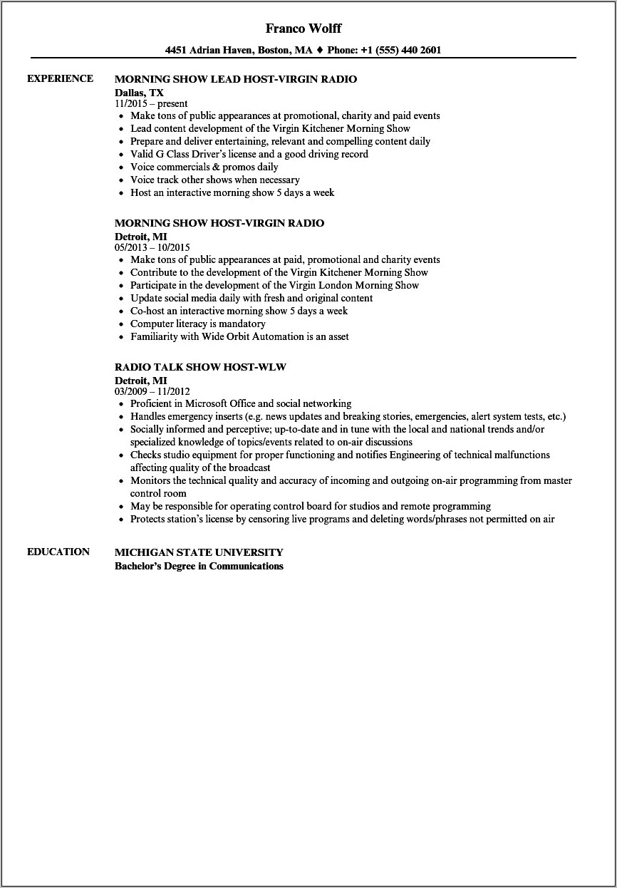 Radio Dj Resume Listed Skills