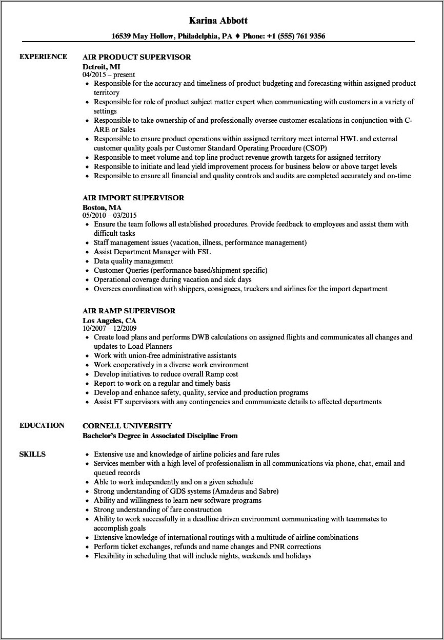 Ramp Supervisor Job Resume Sample