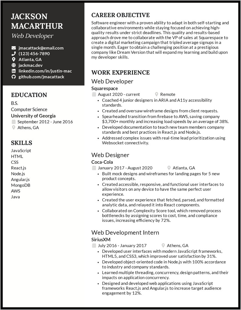 Reactjs Nodejs Developer Sample Resume