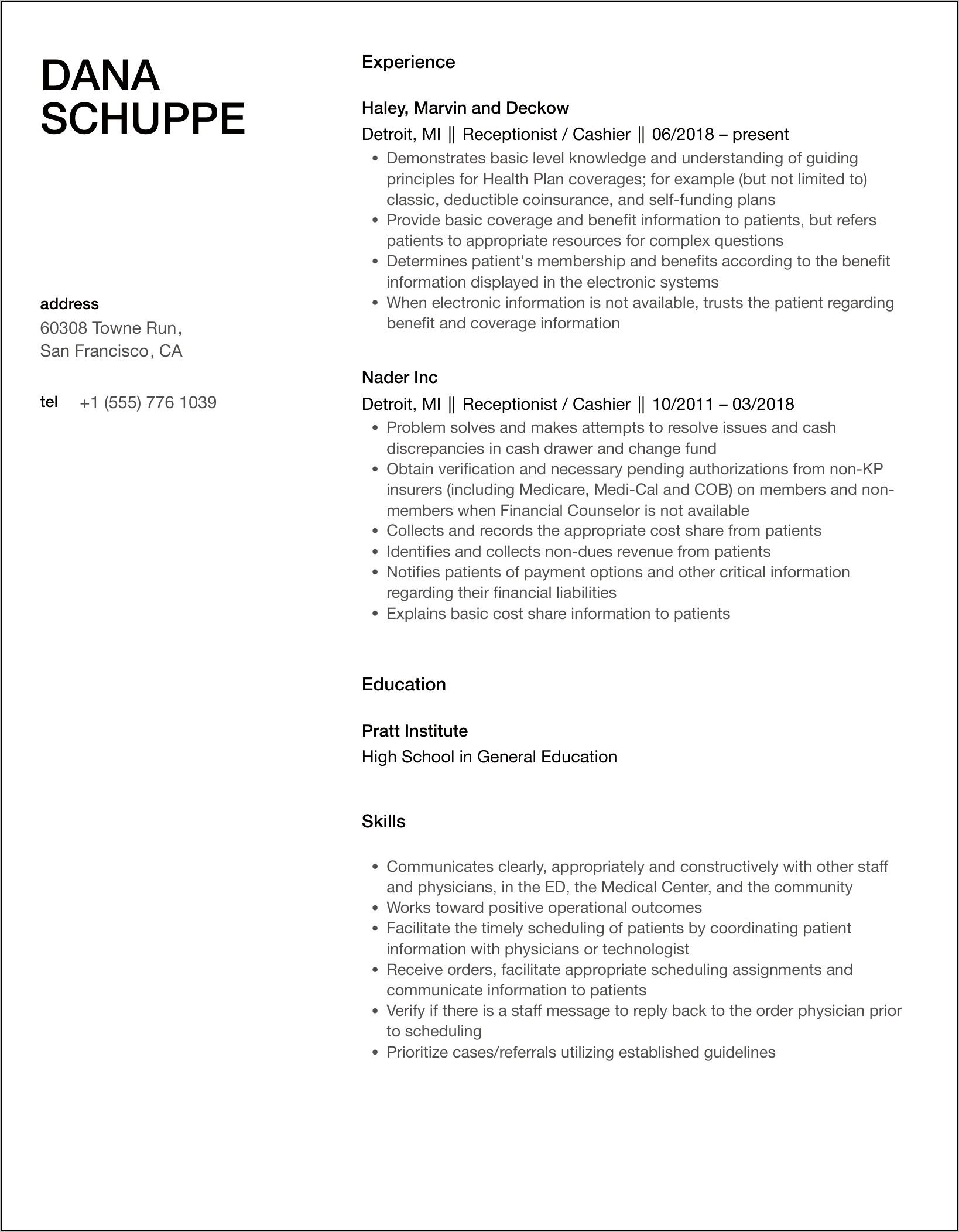 Receptionist Cashier Job Description Resume