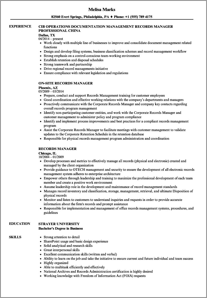 Records Management Tech Resume Examples