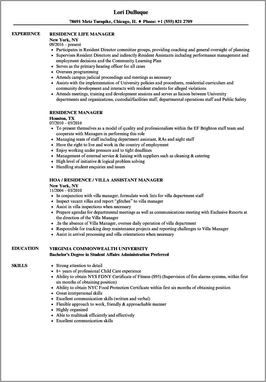 Resident Manager Job Resume Sample