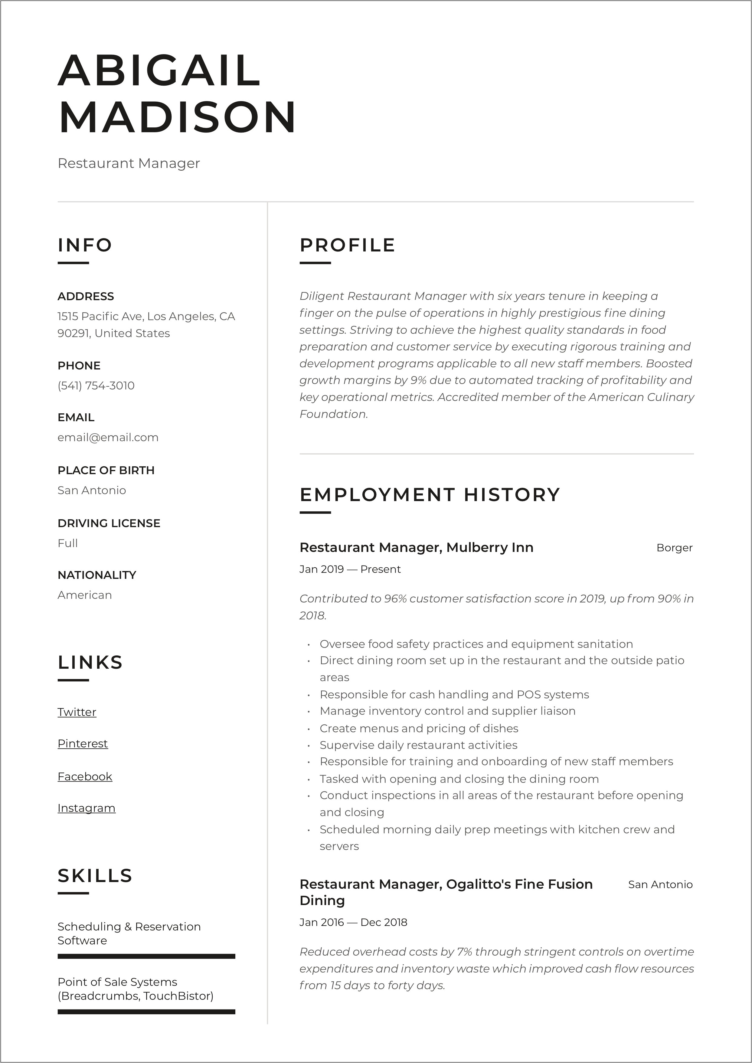 Restaurateur Business Plan Resume Example