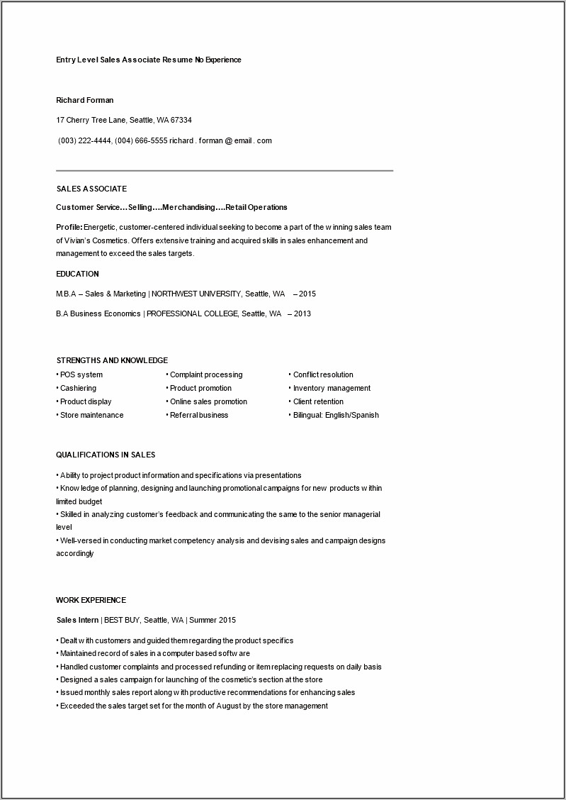 Resume Examples Entry Level Sales