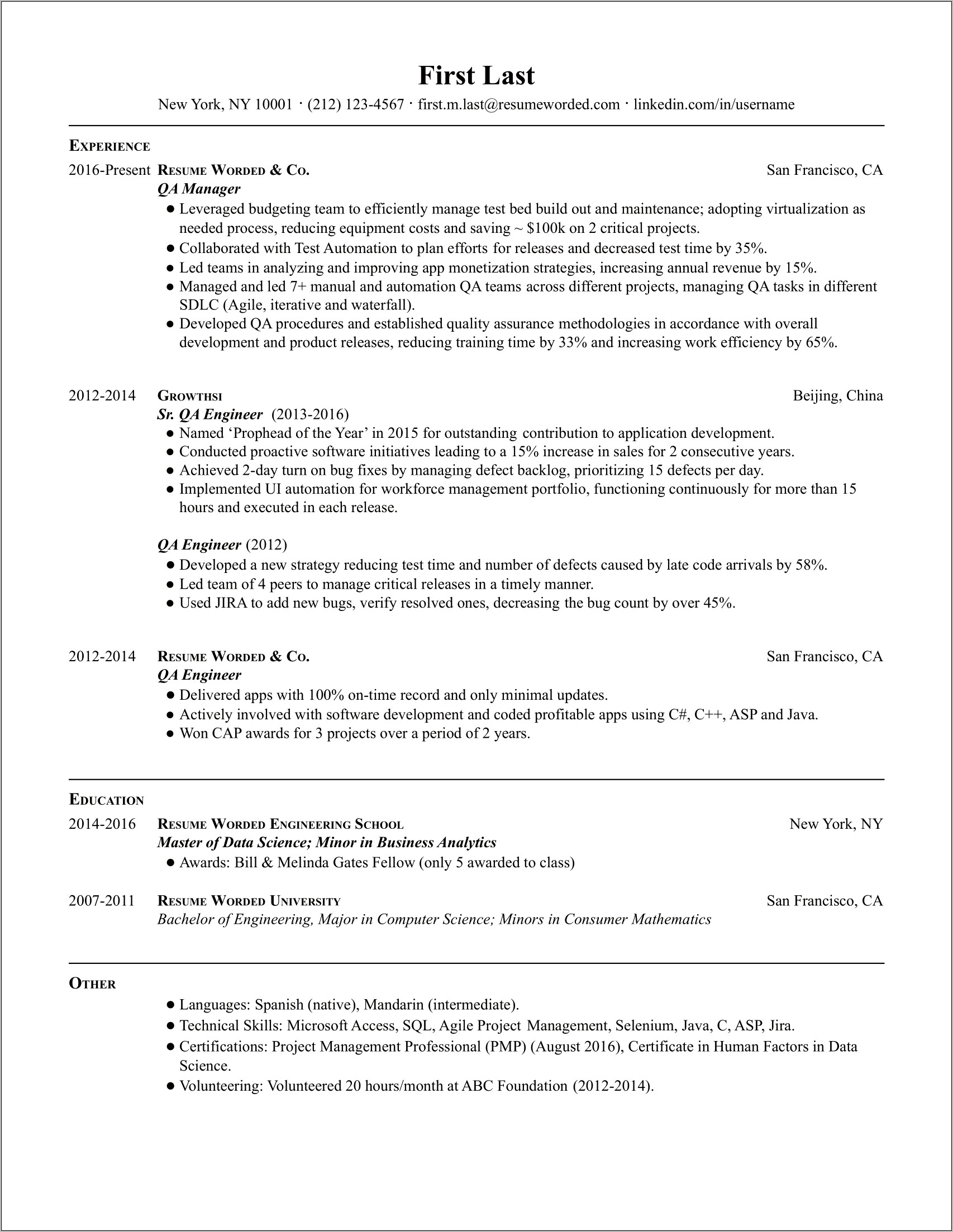 Resume Examples For Qa Lead