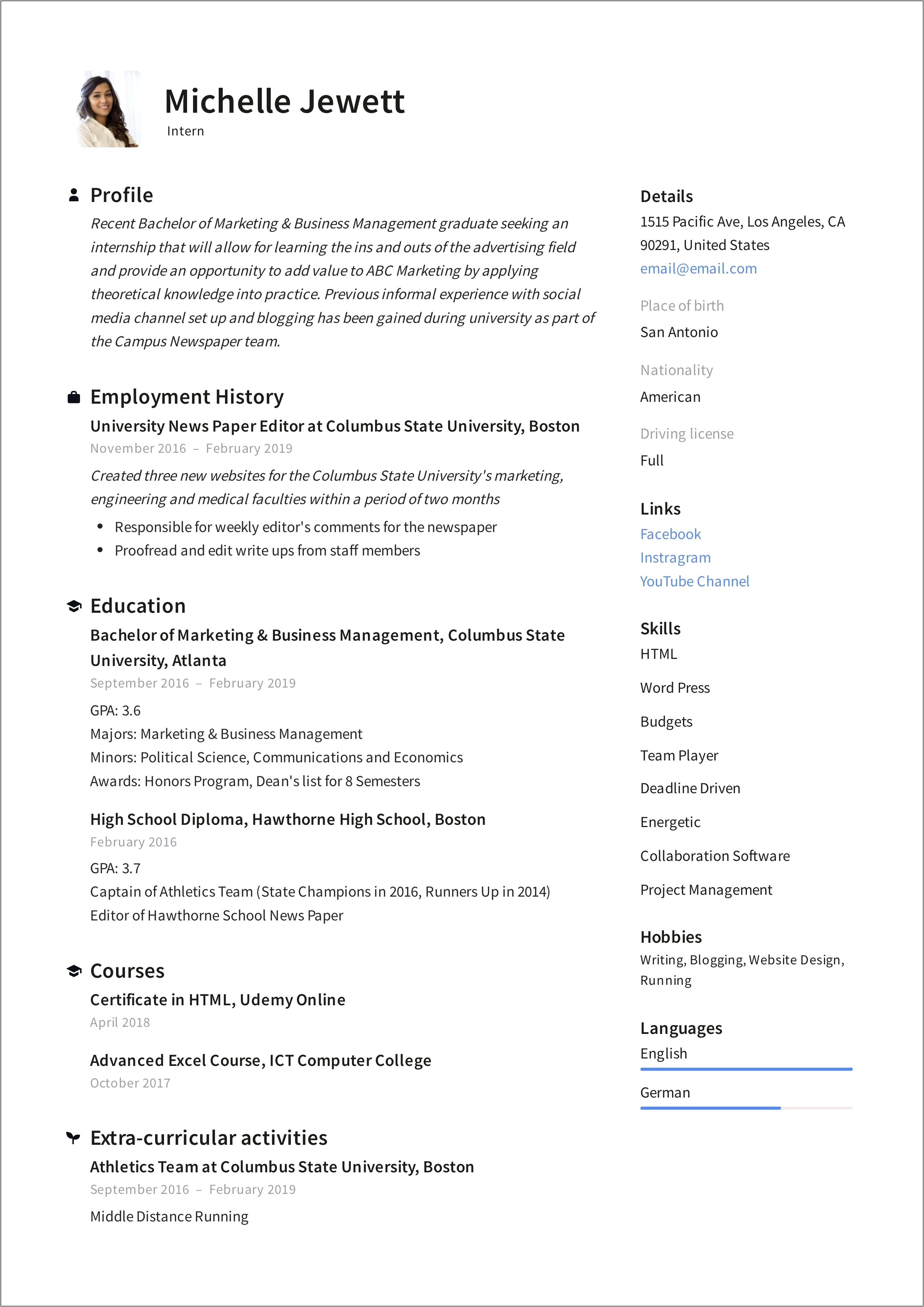 Resume For Business Management Graduate