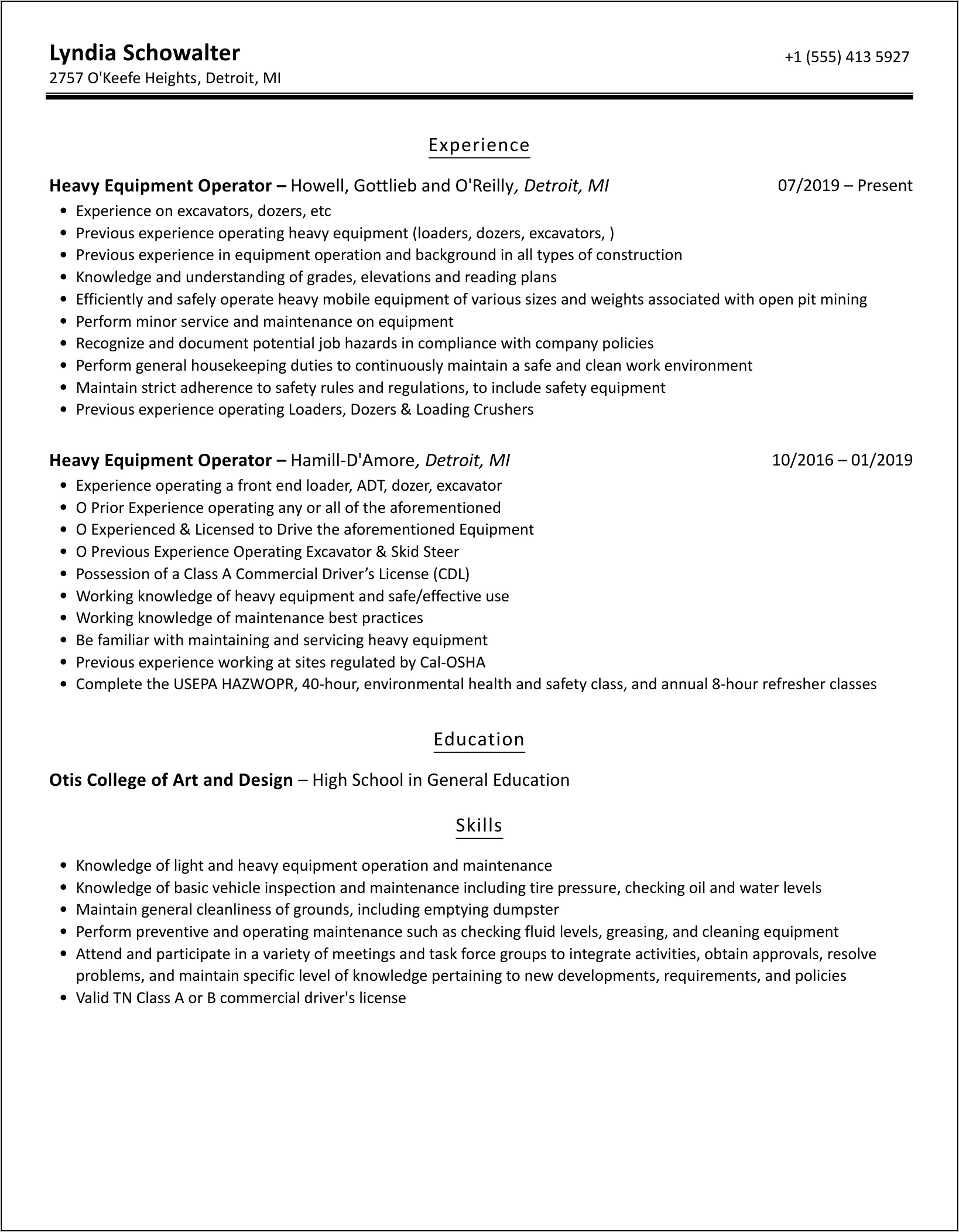 Resume For Equipment Operators Sample