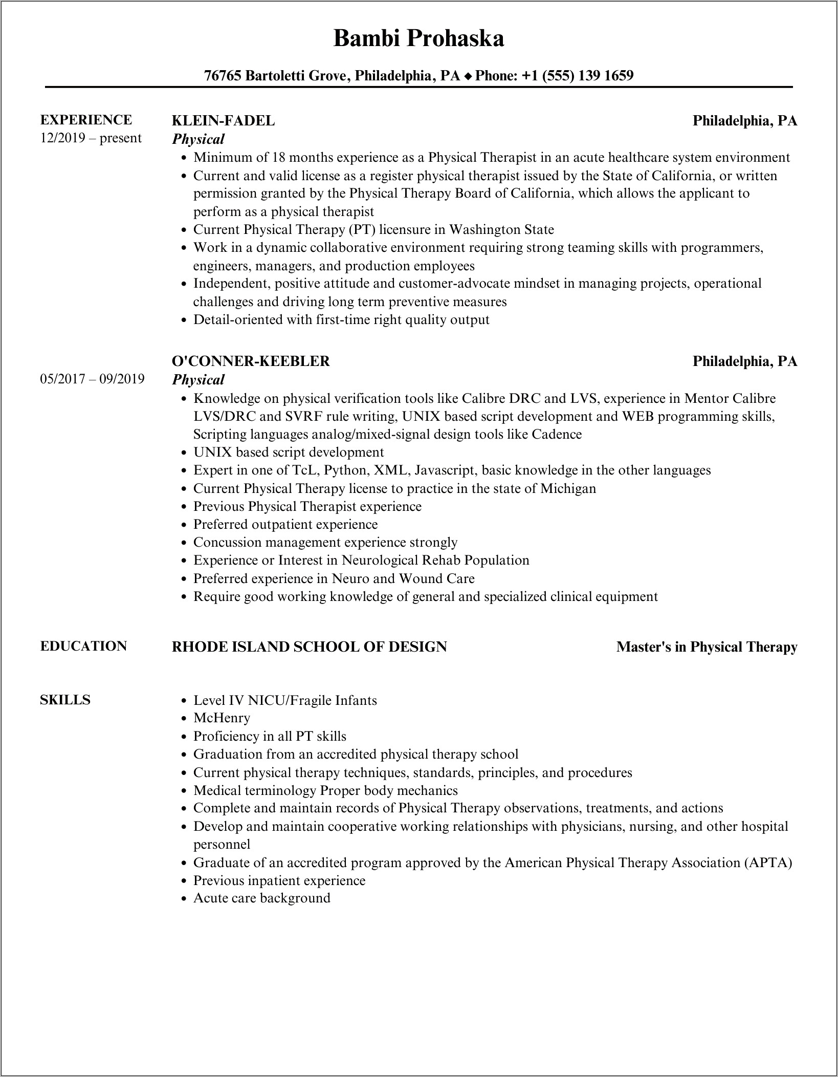 Resume For Physical Work Sample