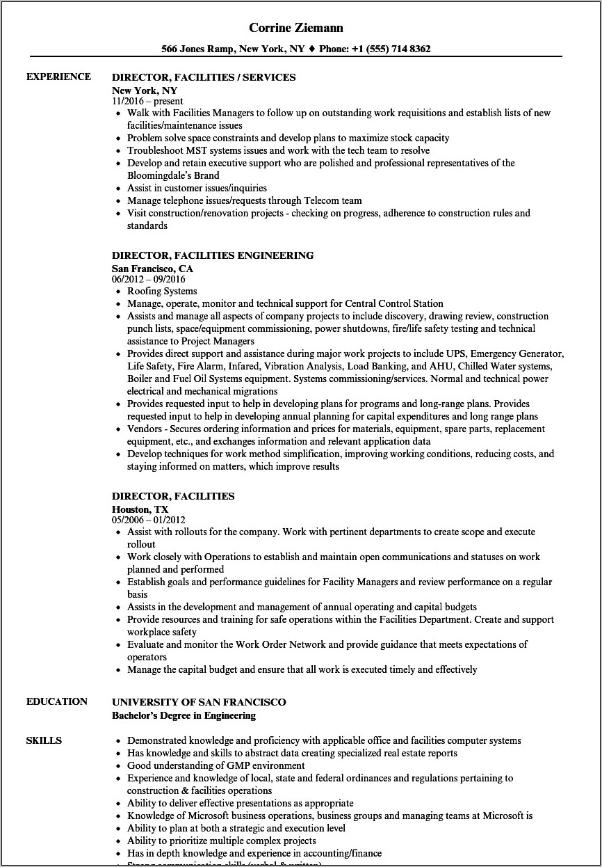 Resume Objective For Facilites Director