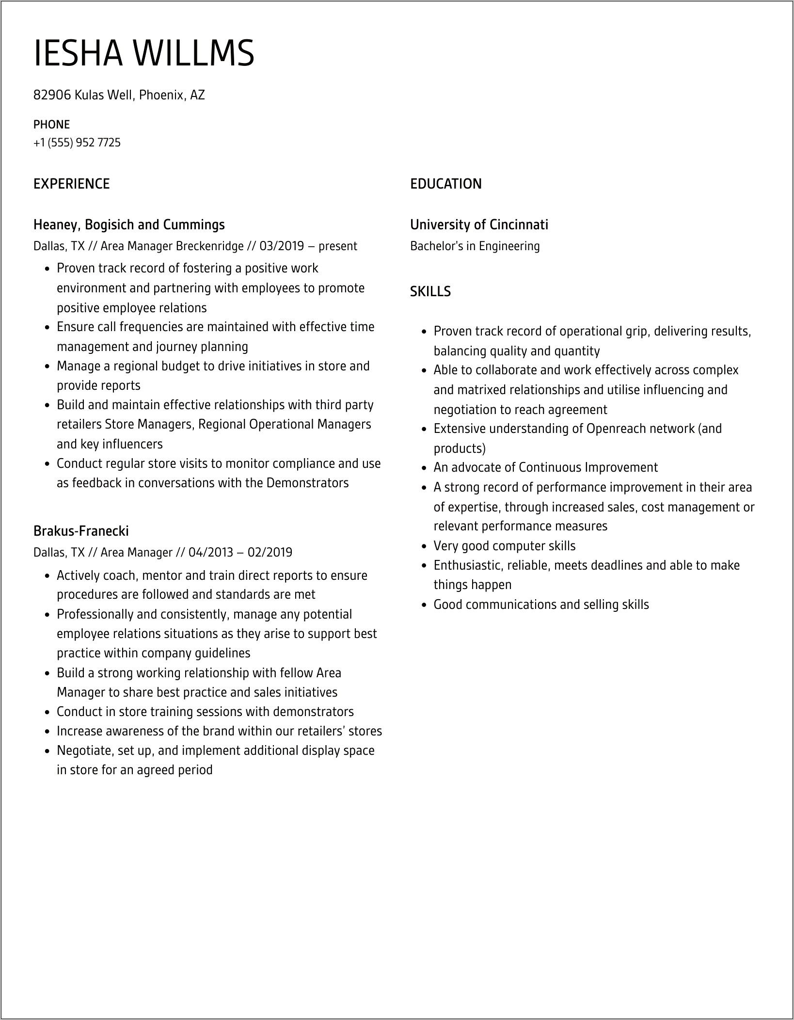 Resume Profile For Area Manager