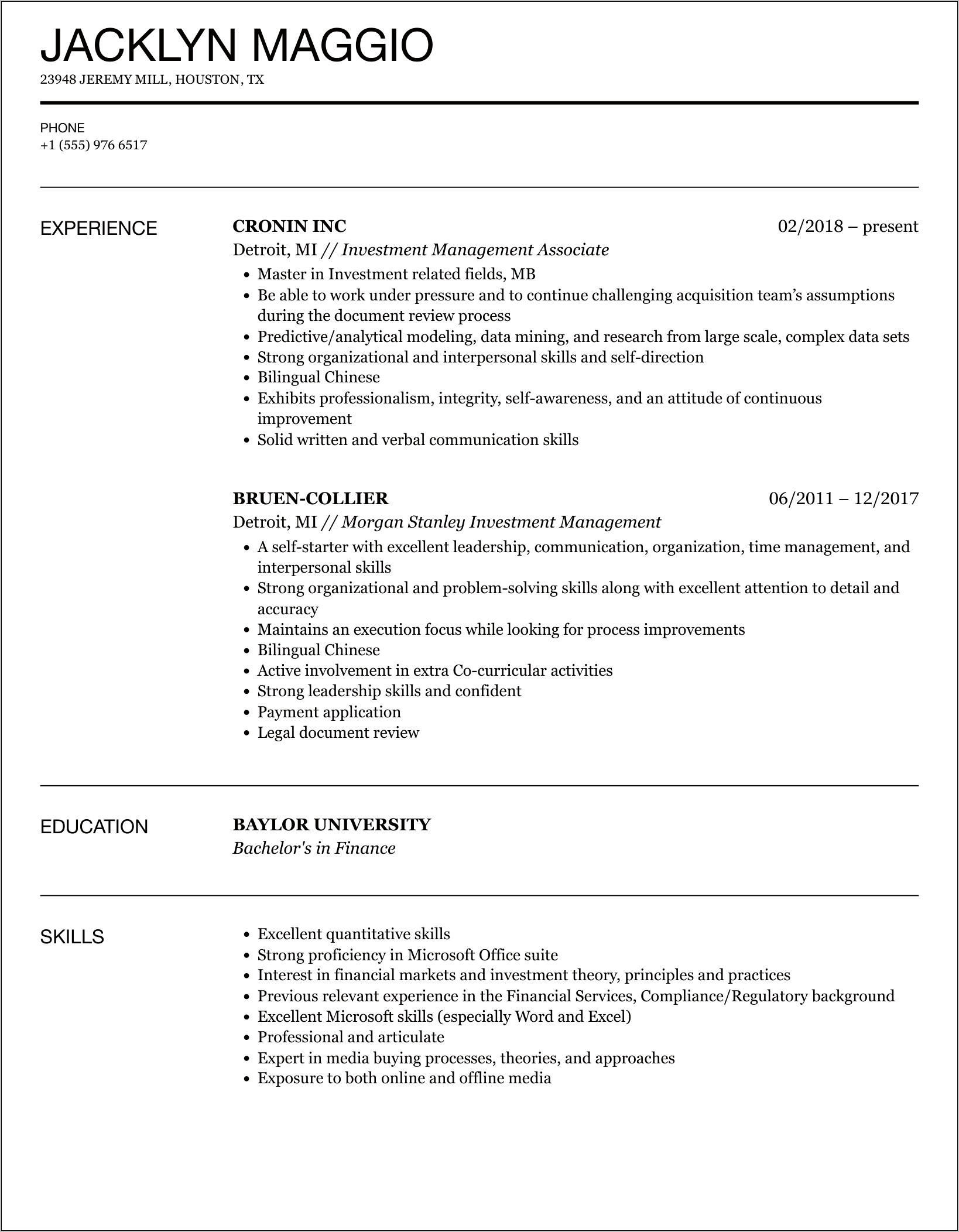 Resume Sample Deal Maker Investments