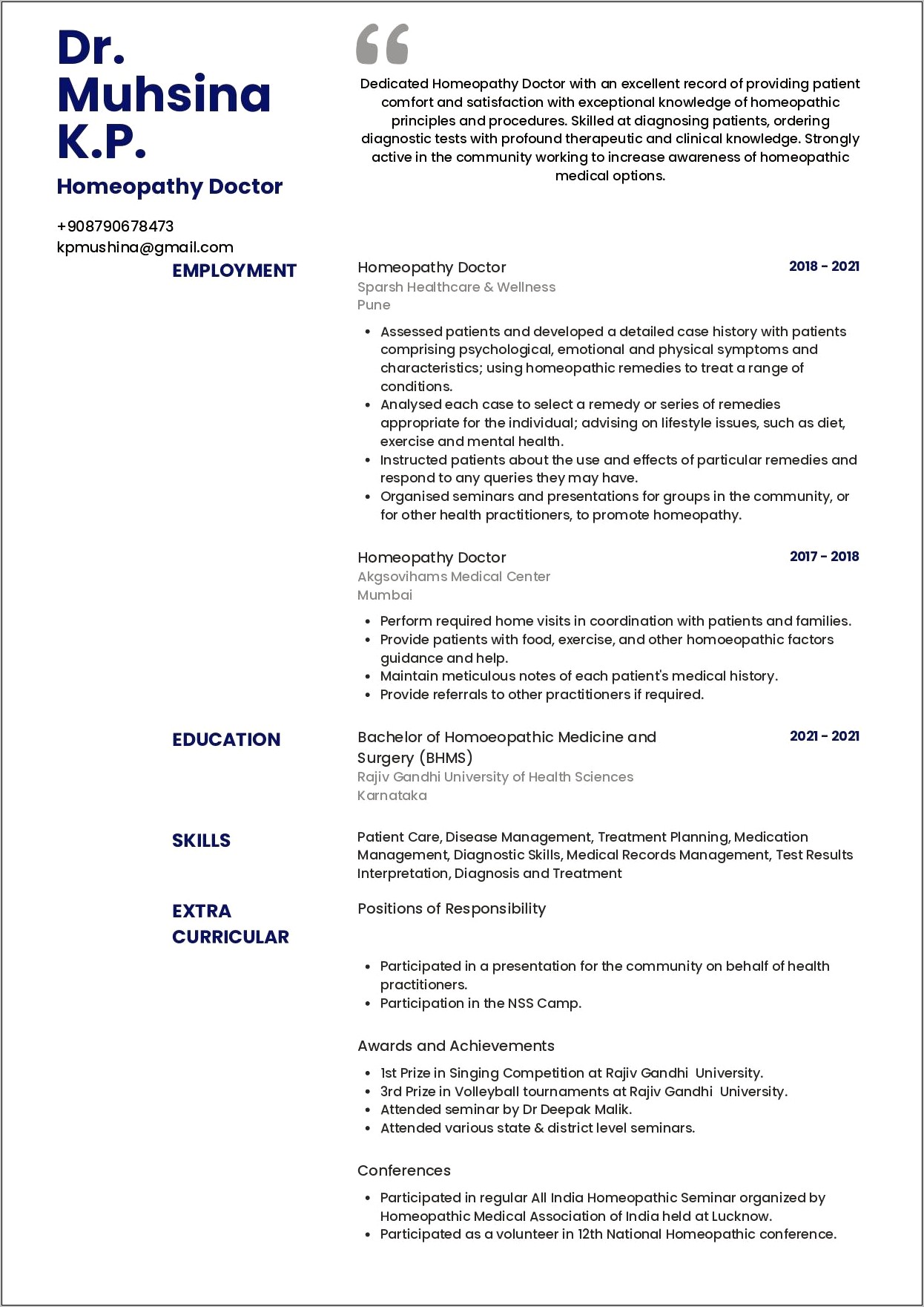 Resume Samples For Medical Doctors