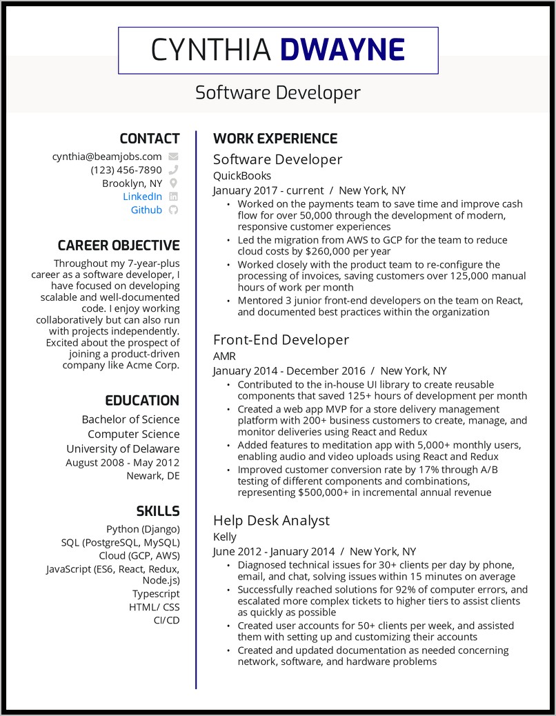 Resume Usa Software Developer Example