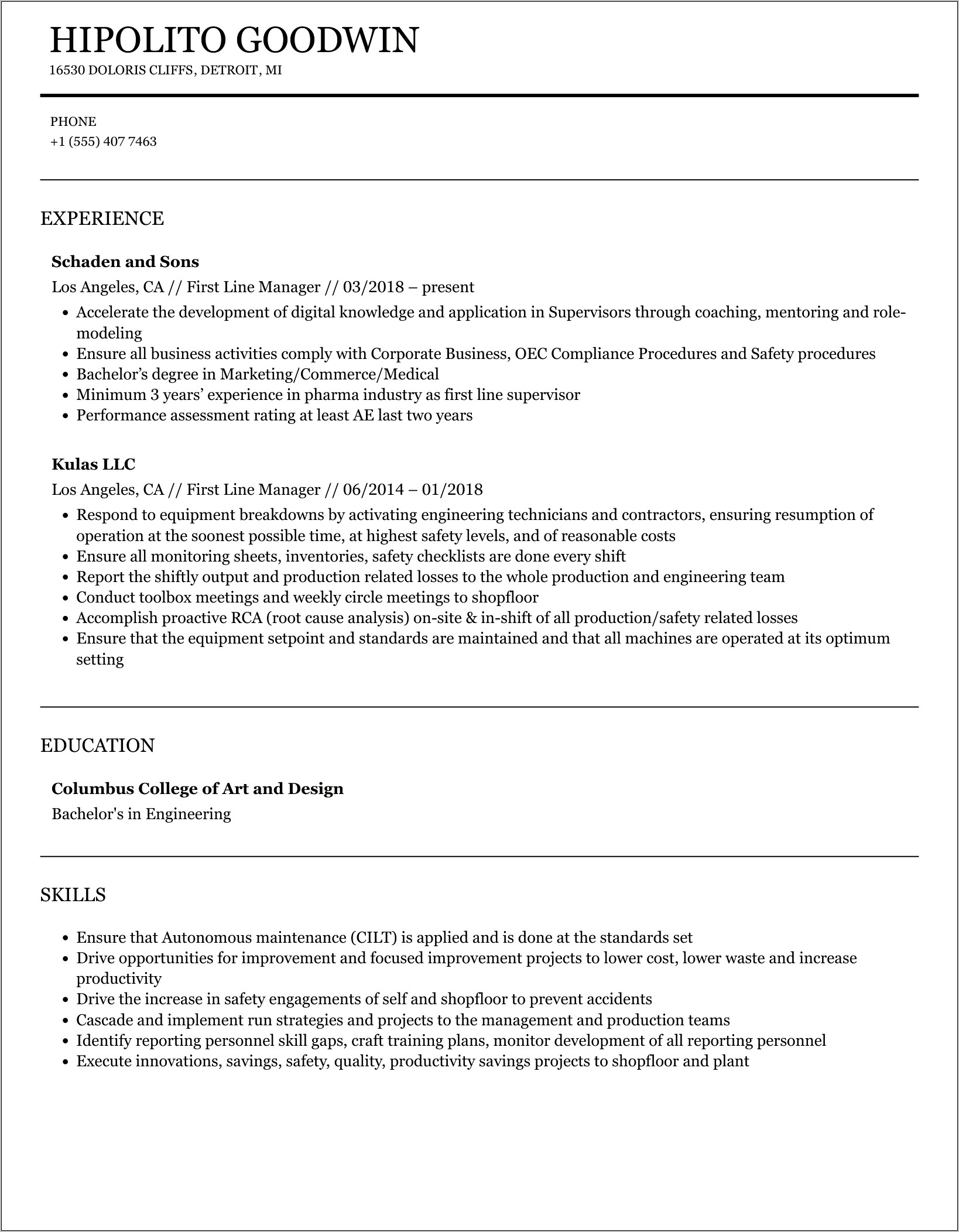 Sample Front Line Supervisor Resume