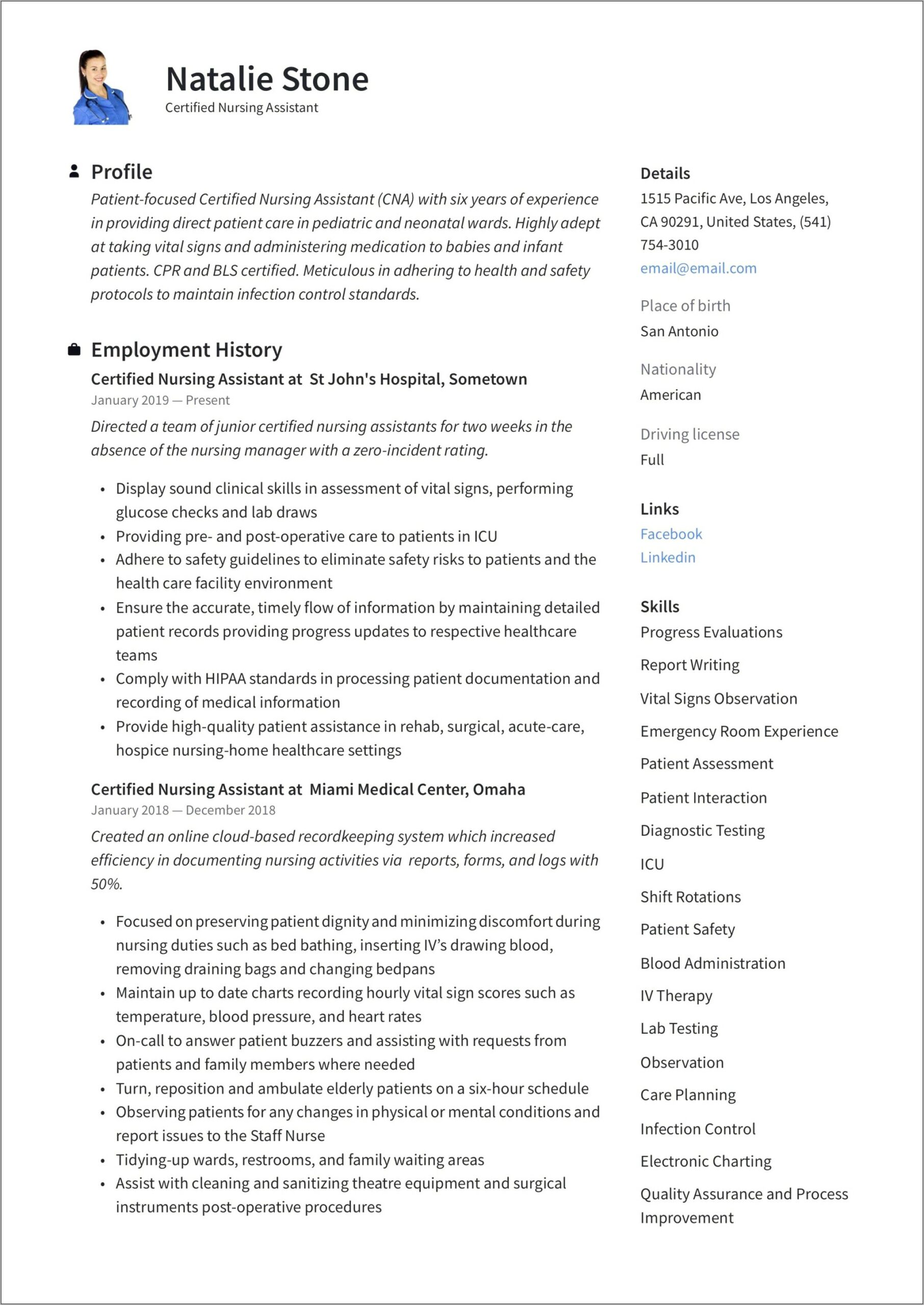 Sample Geriatric Nursing Assistant Resume