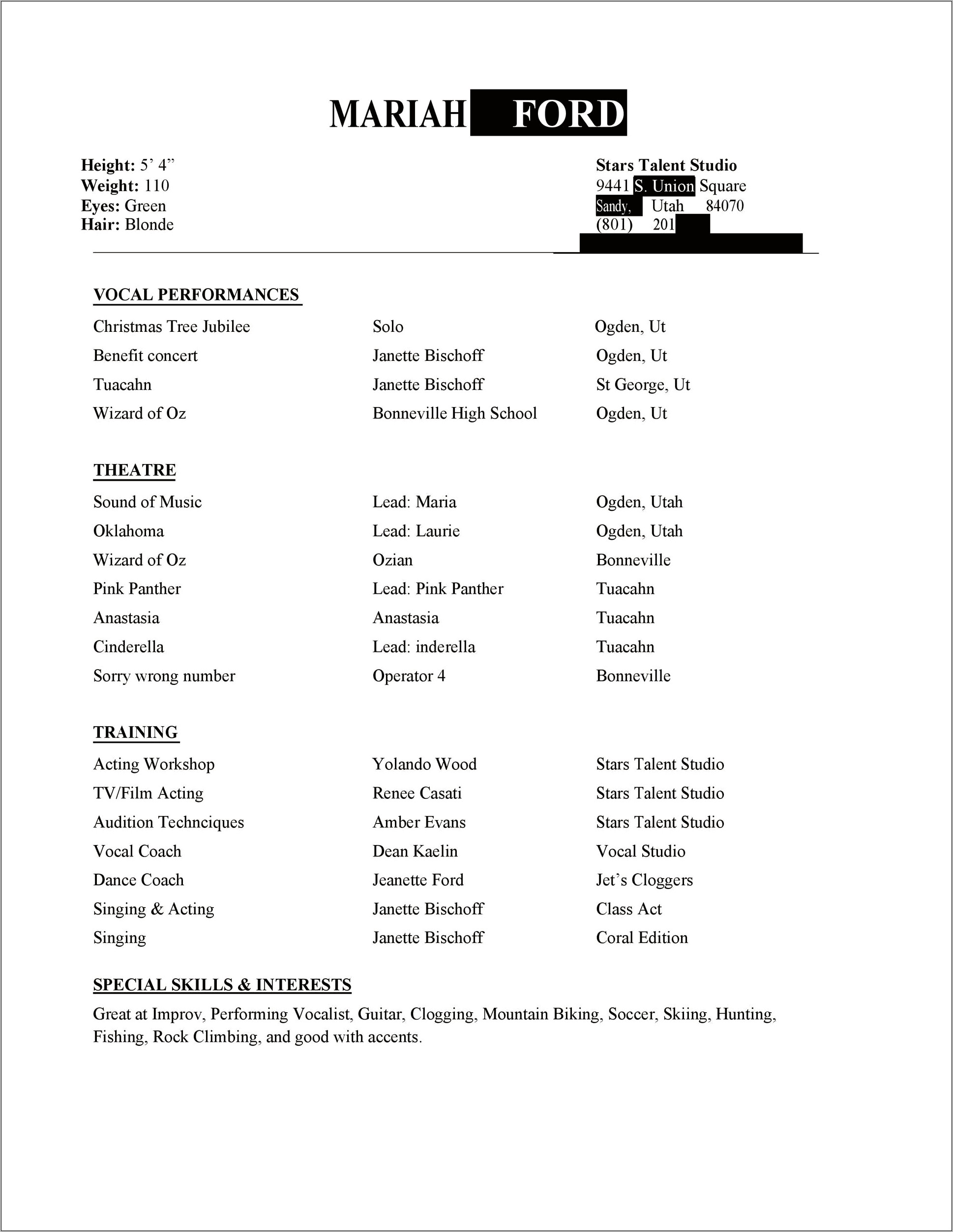 Sample High School Theatre Resume