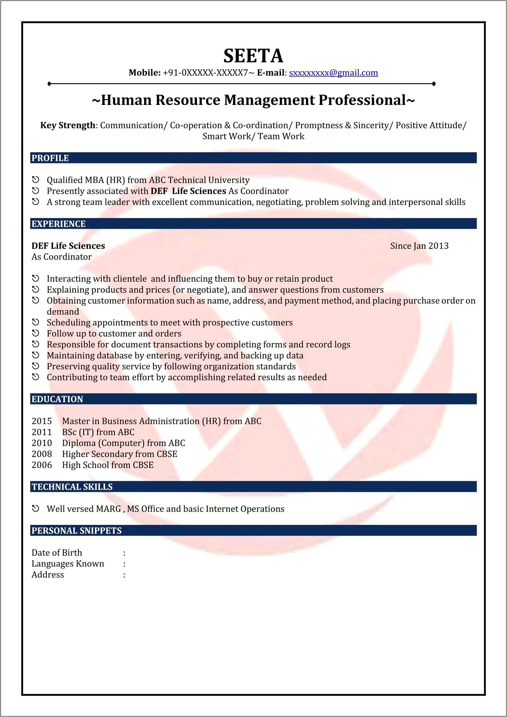 Sample Resume For Accountant Fresher