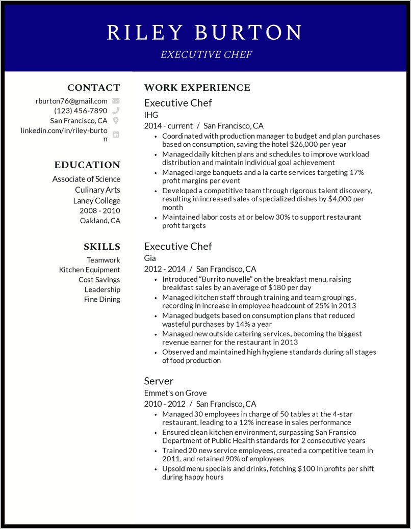 Sample Resume For Personal Chef