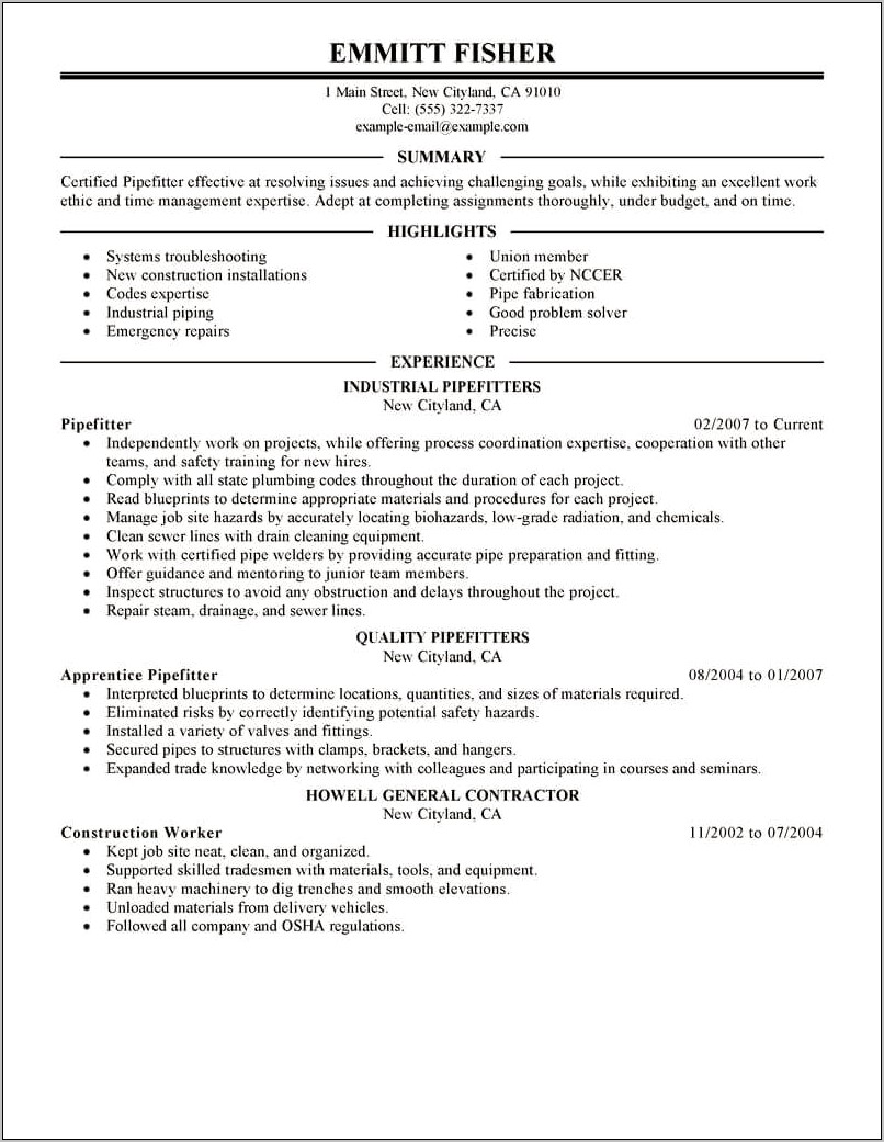 Sample Resume Objective For Pipefitter