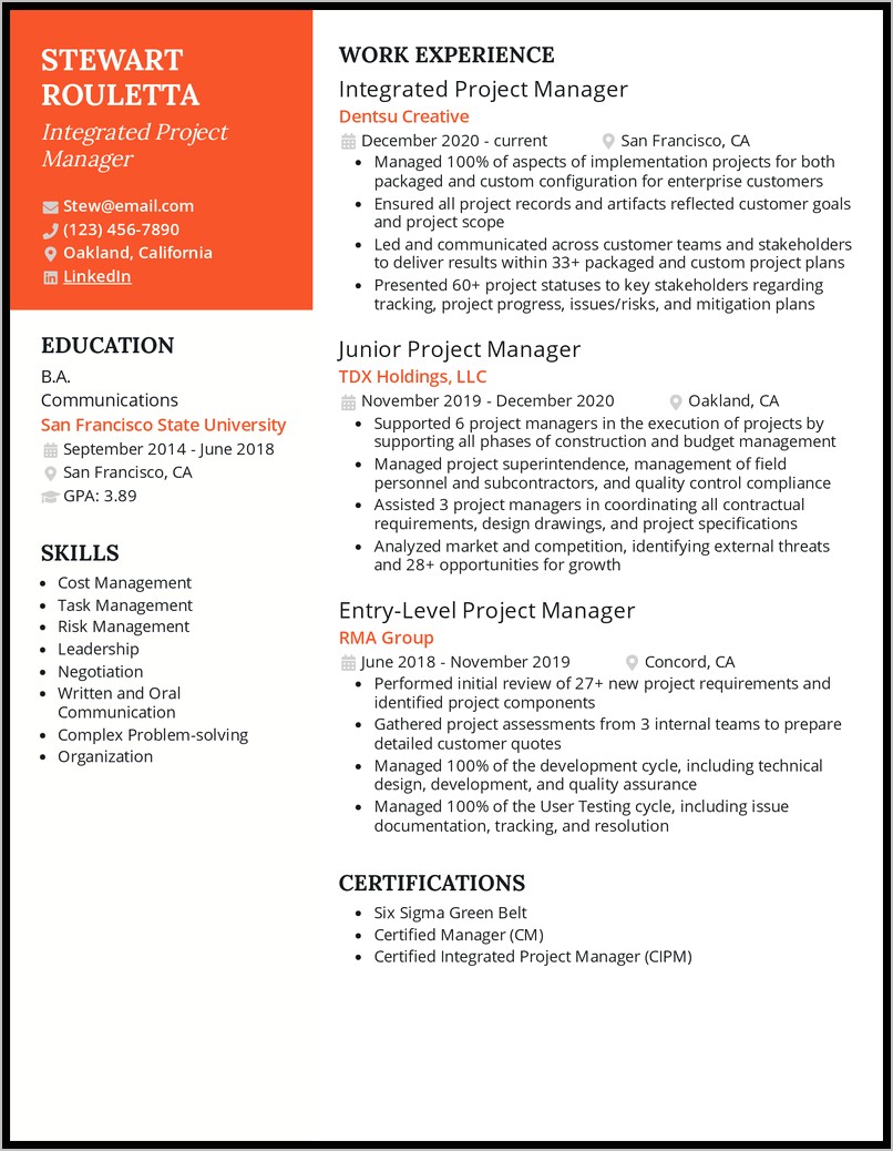 School Project Project Manager Resume