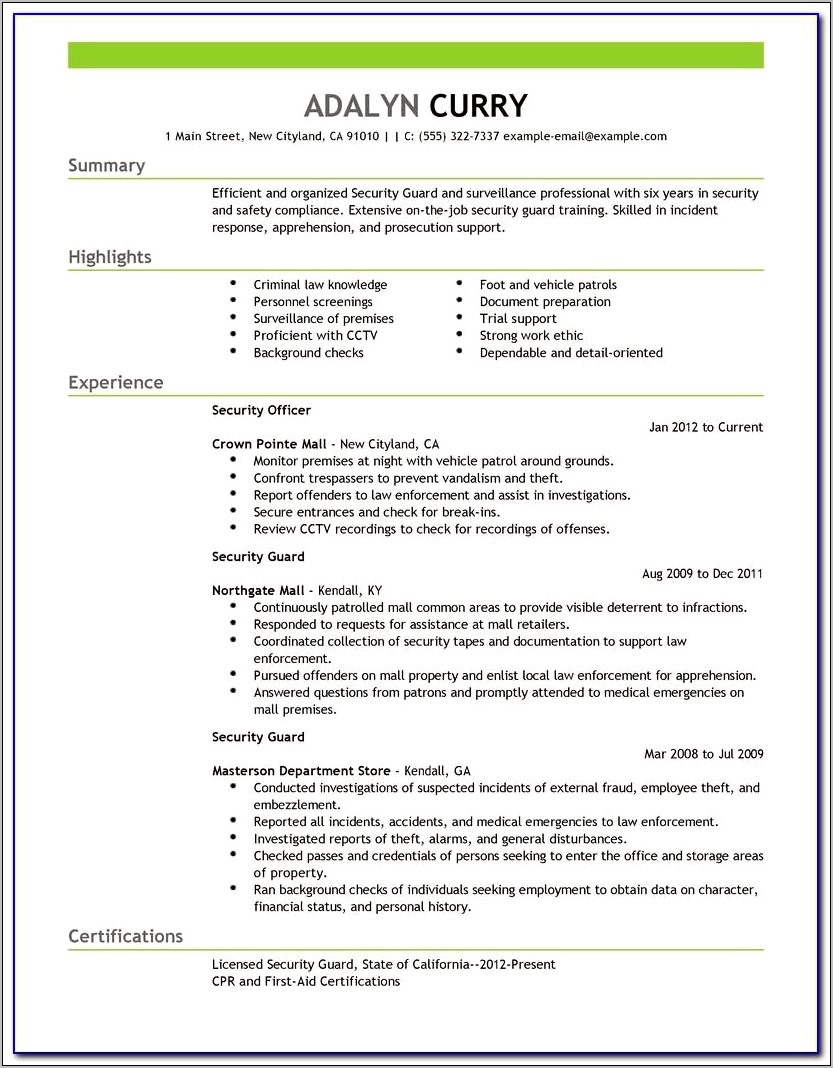 Security Guard Objective Resume Sample