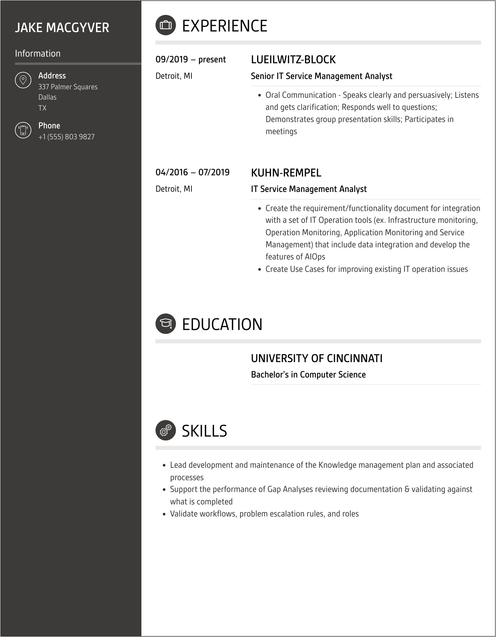 Service Management Analyst Resume Sample