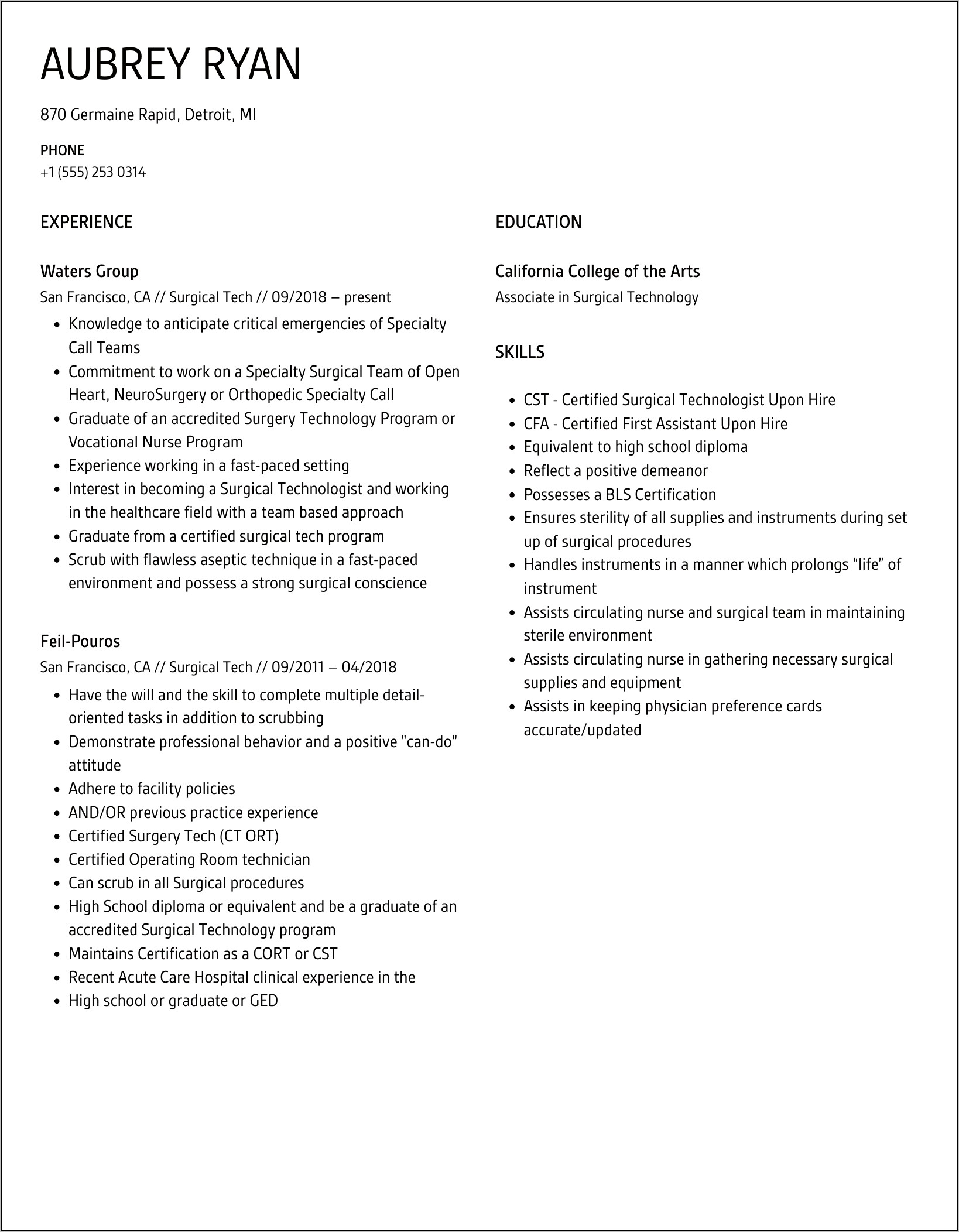 Surgical Technician Skills For Resume