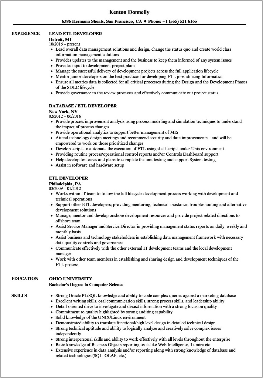 Talend Etl Developer Sample Resume