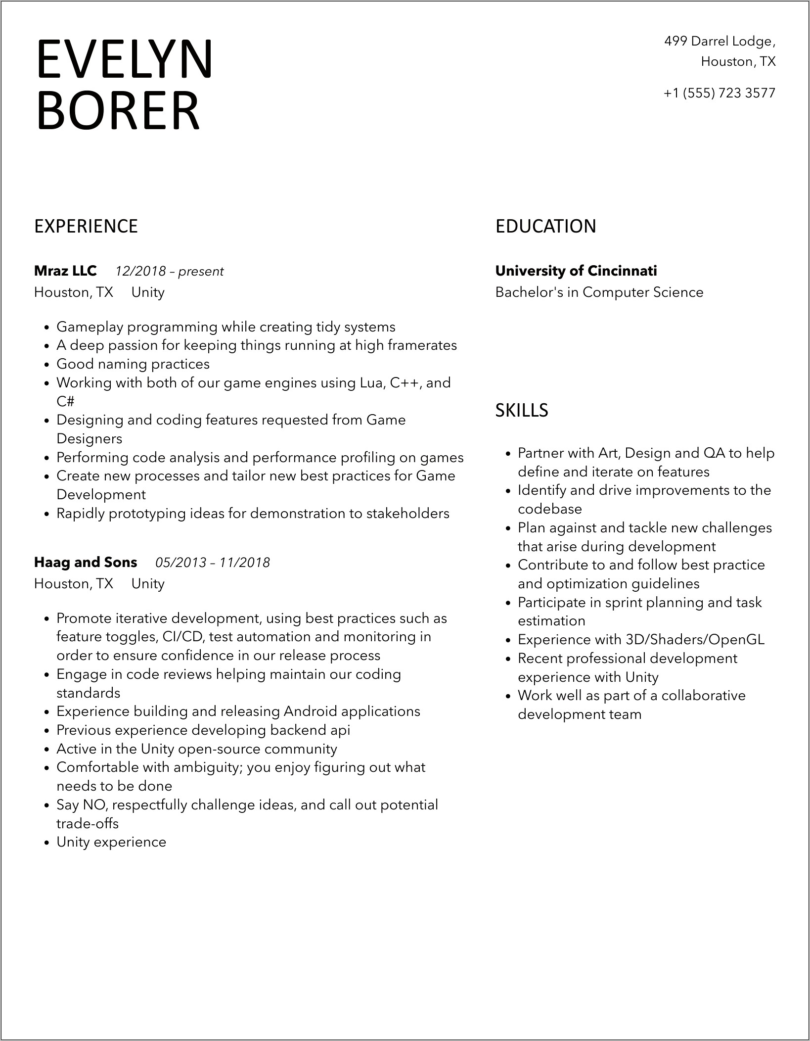 Unity Developer Resume Samples Livecareer