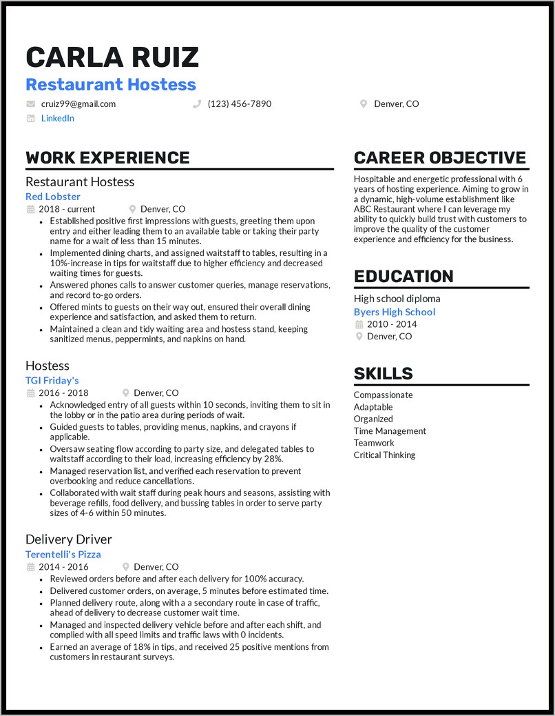 Waitressing Host Resume Experiece Examples