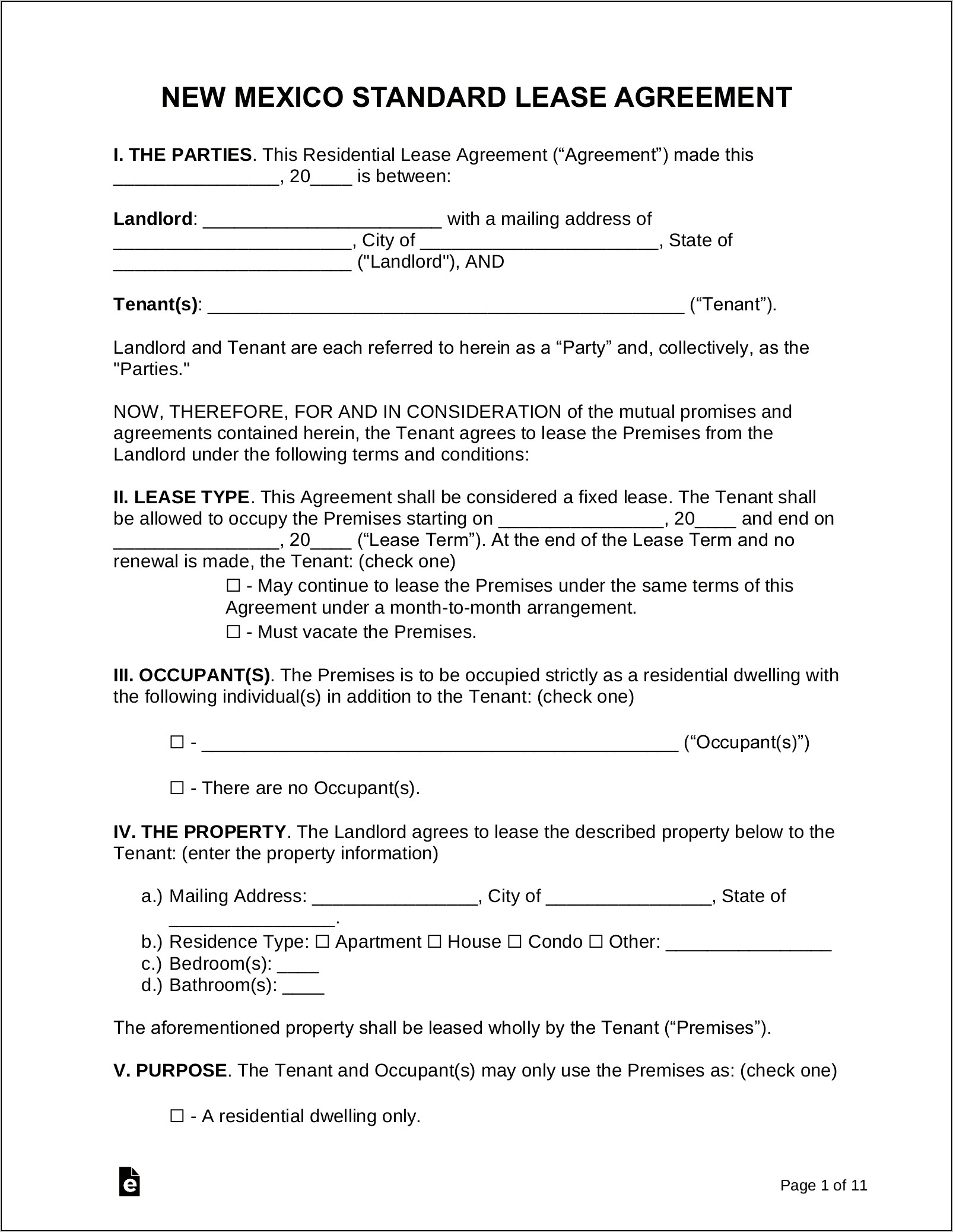 1 Page Lease Agreement Template Download New Mexico