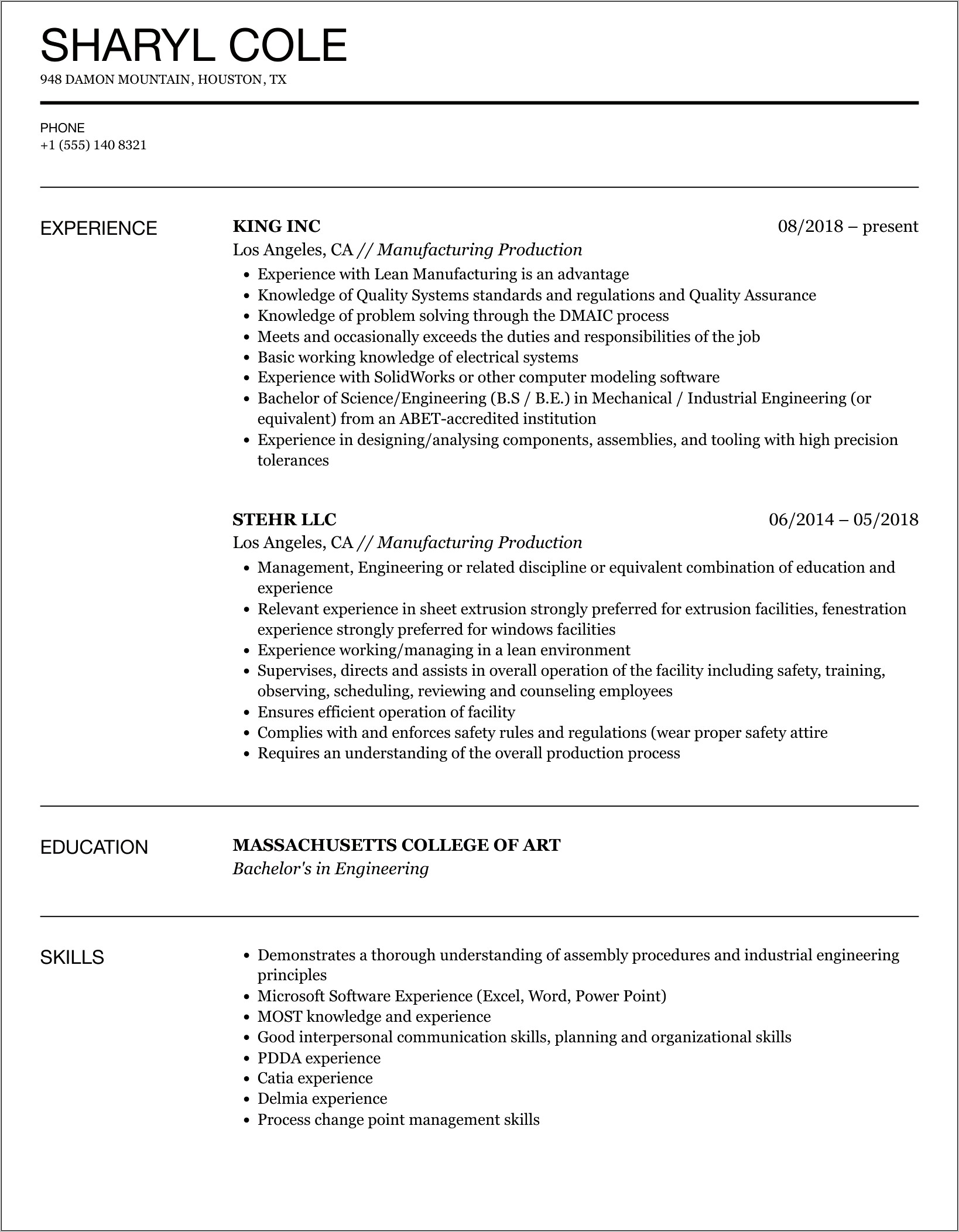 1101 Production Manager Sample Resumes