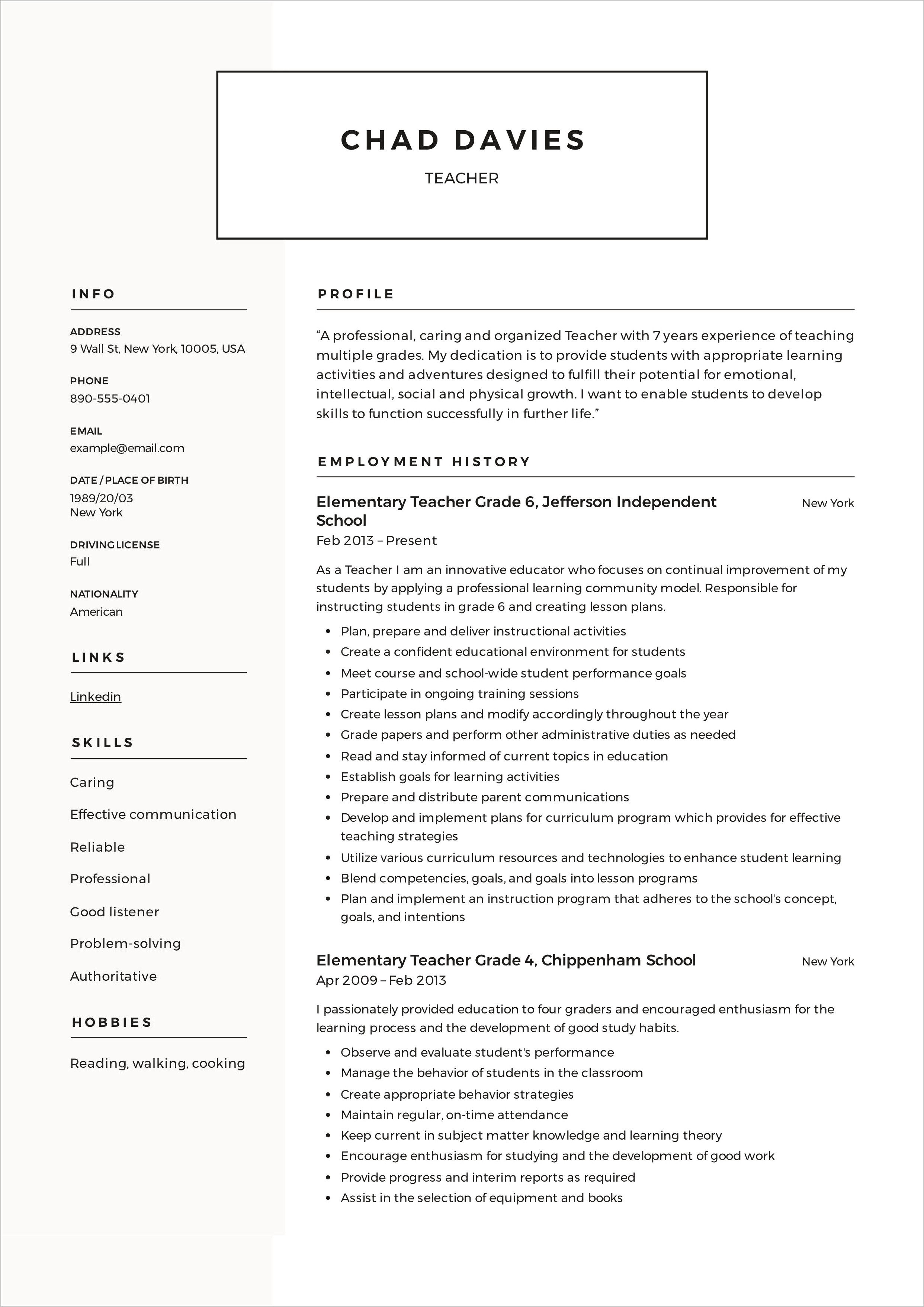 1st Grade Teacher Resume Examples