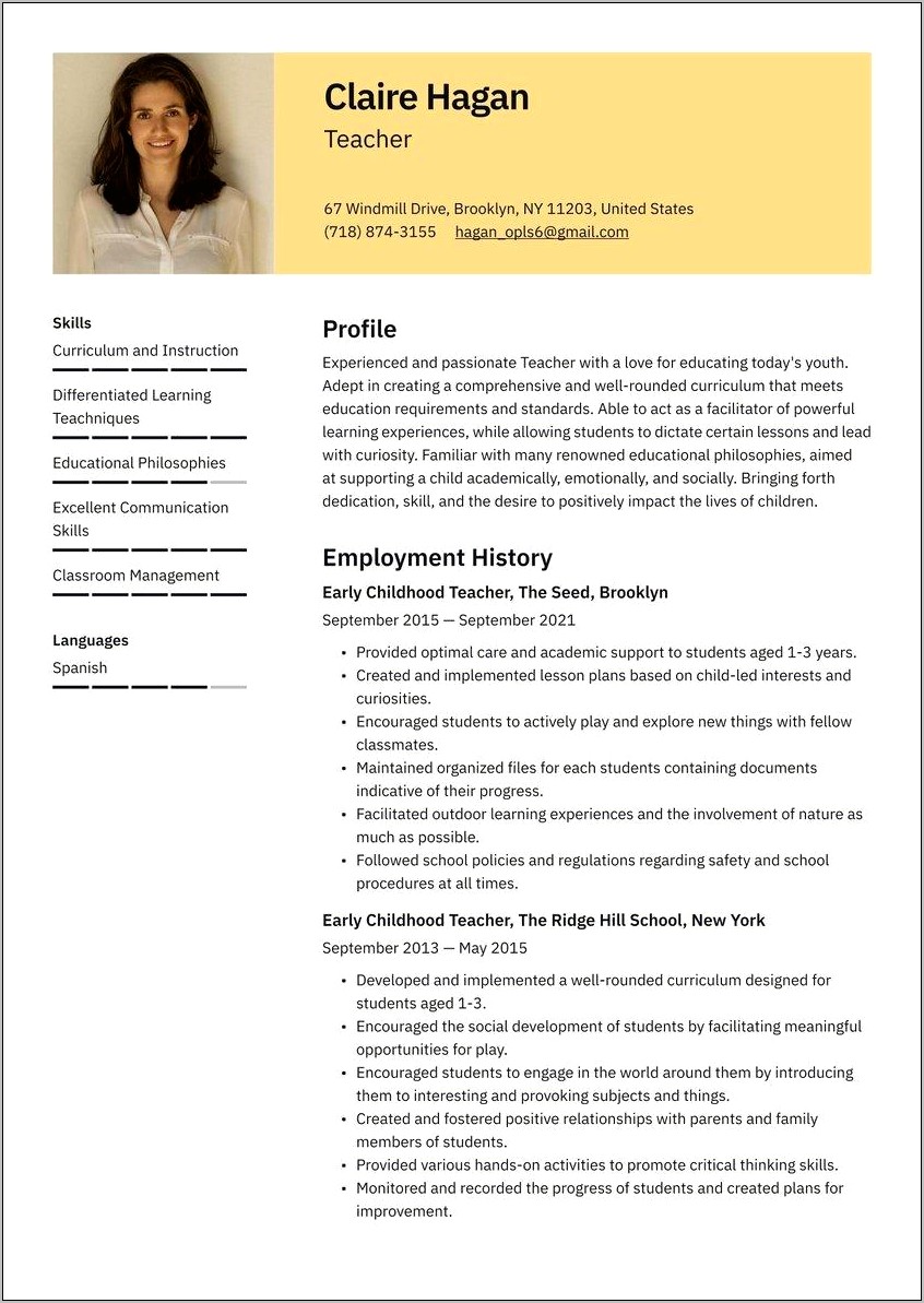 1st Grade Teacher Resume Sample