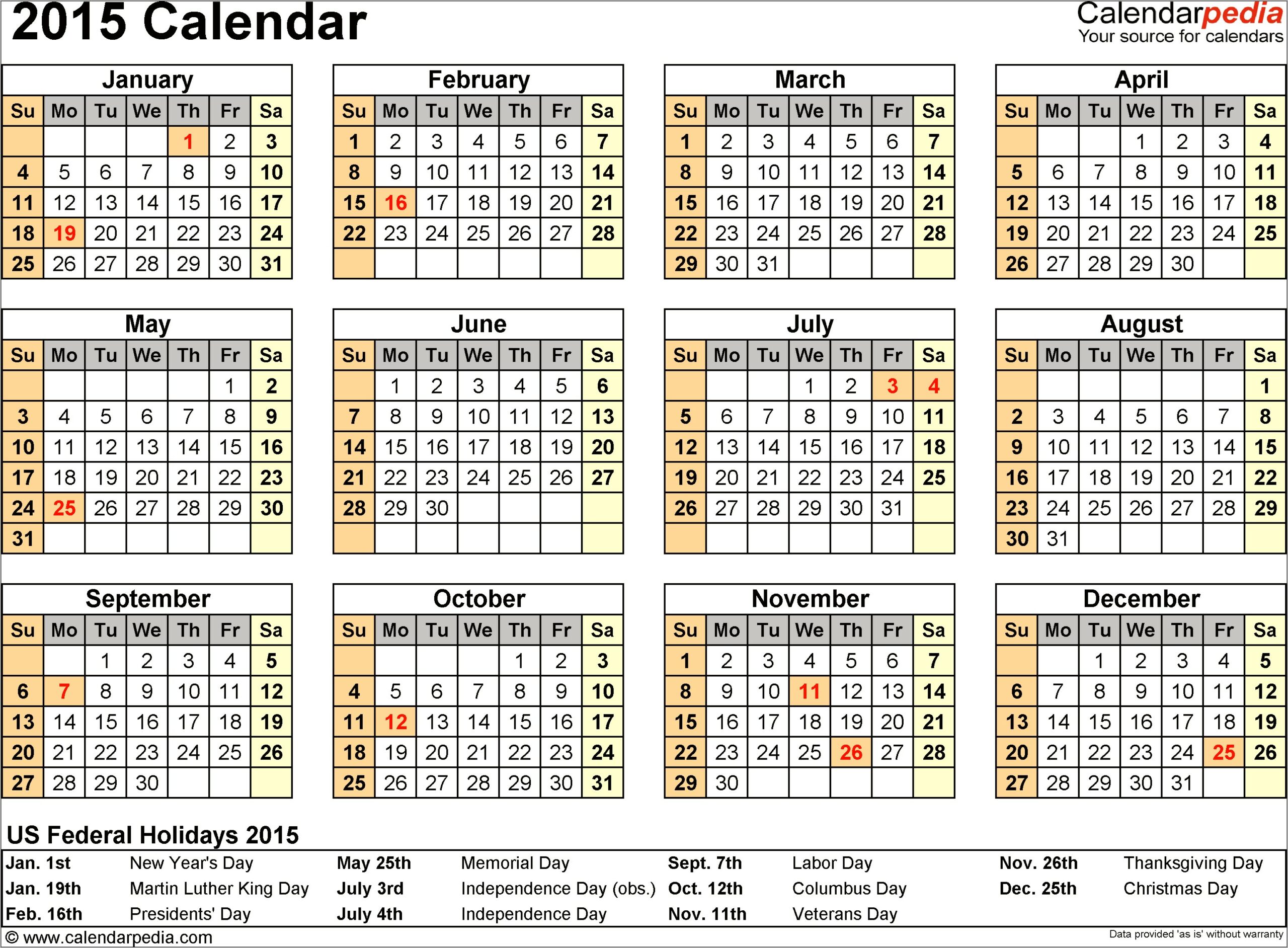 2015 Calendar Template With Holidays Download