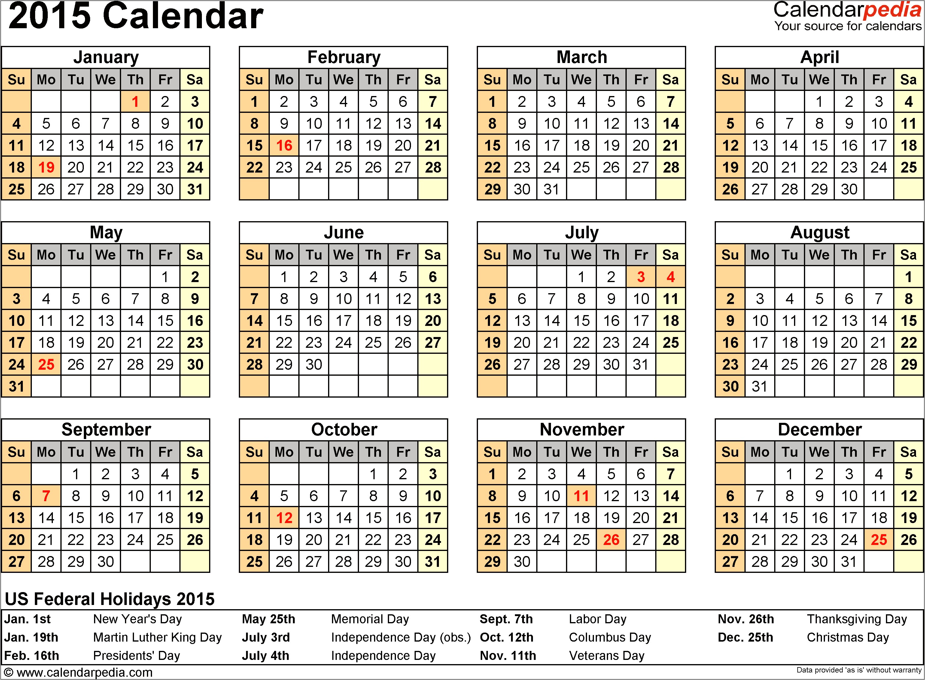 2015 Calendar Template With Holidays Download