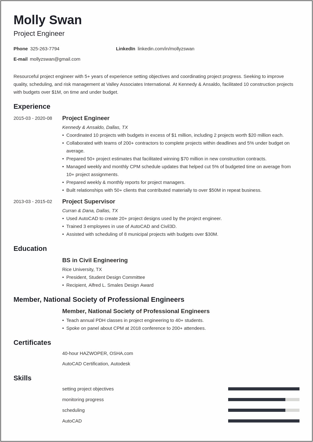 4 H Project Resume Skills