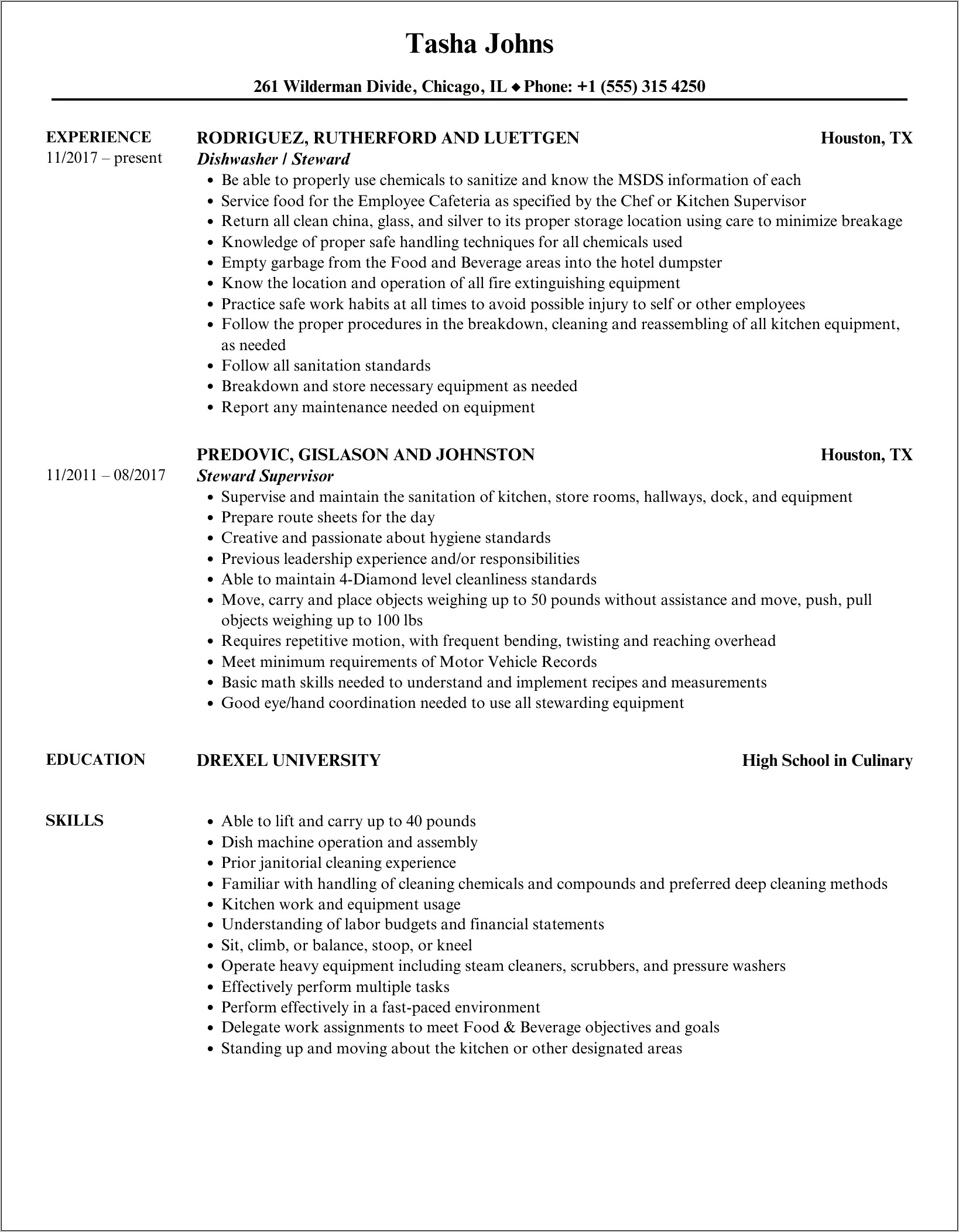 5star Hotel Steward Resume Sample