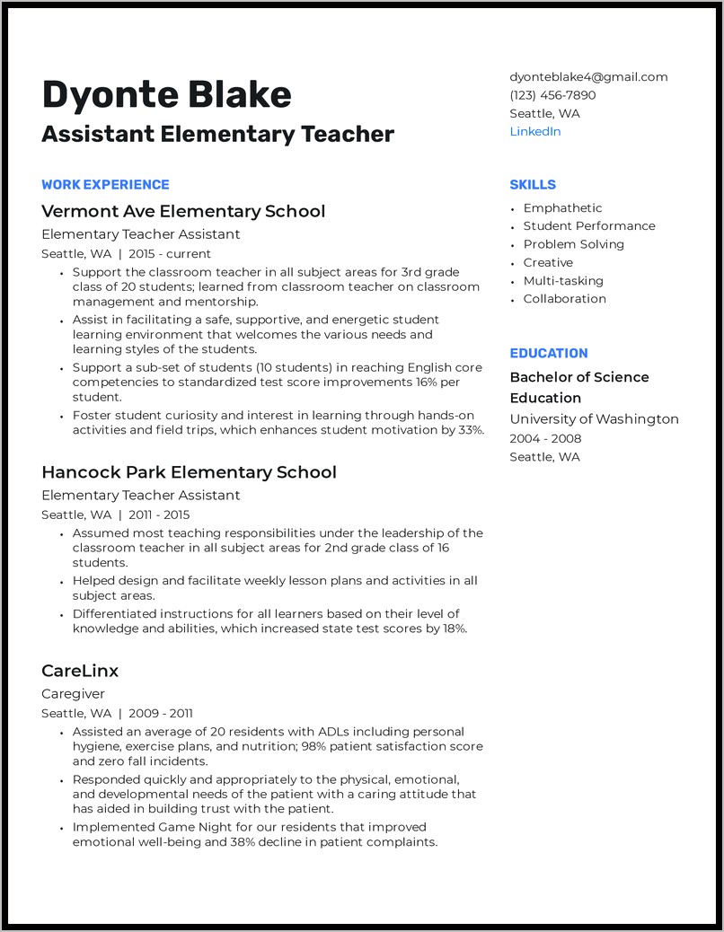 5th Grade Teacher Resume Sample