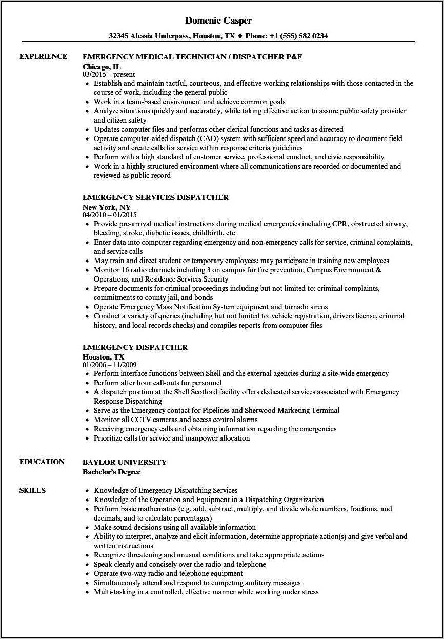 911 Operator Job Description Resume