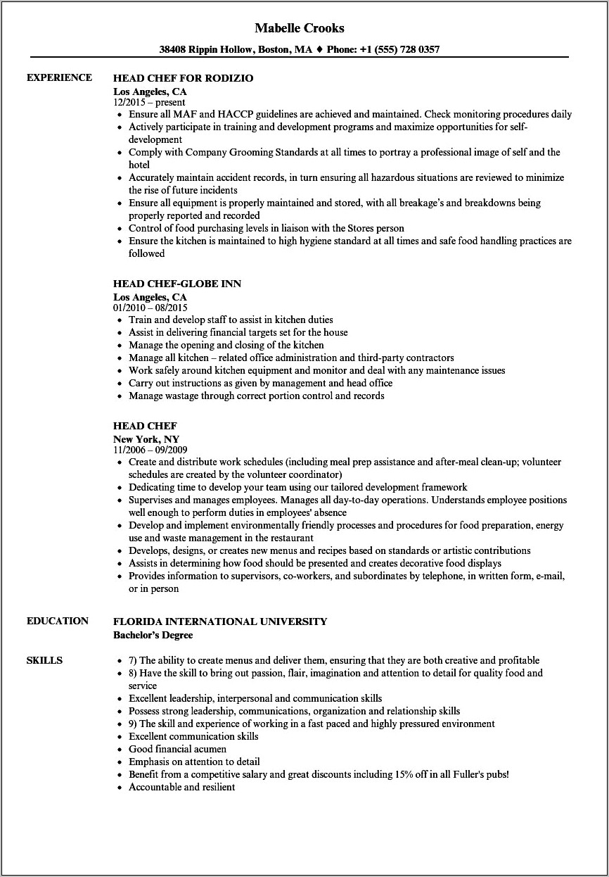 A Chef's Resume Sample