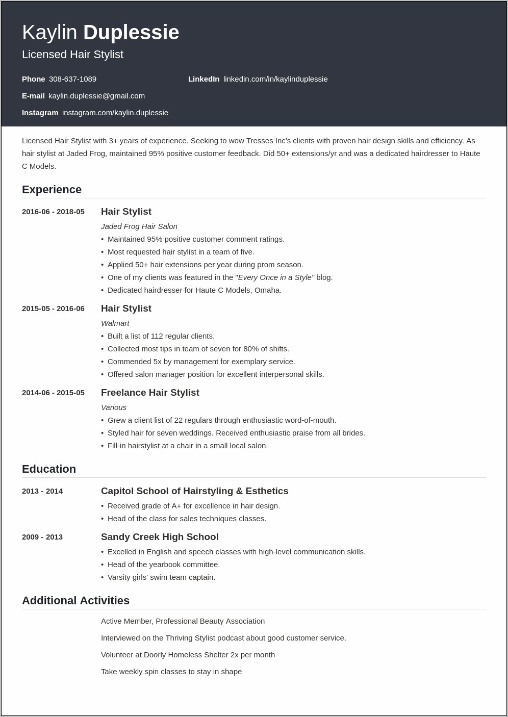 A Sample Hairtylist Owner Resume