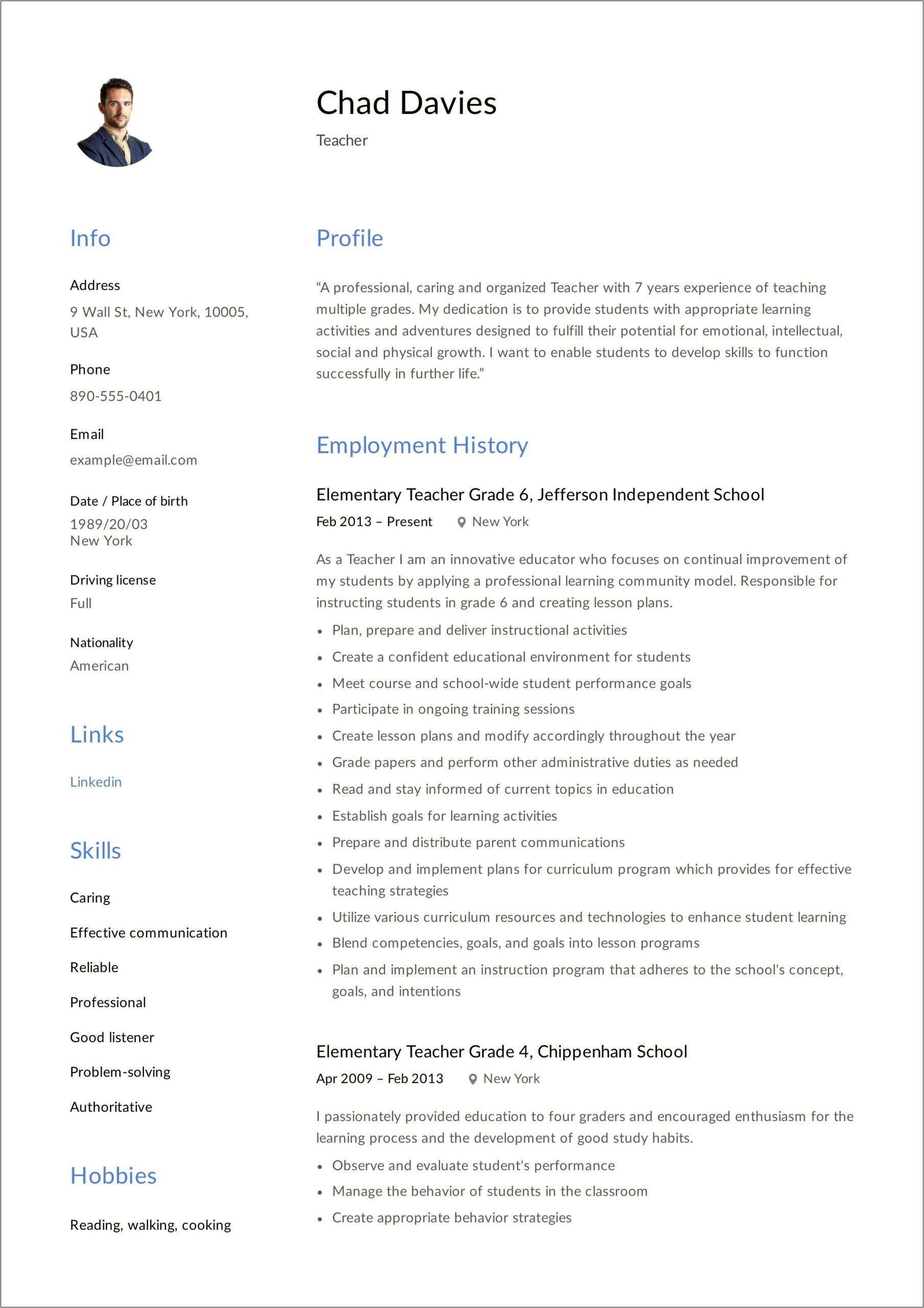 About Me Teacher Resume Examples